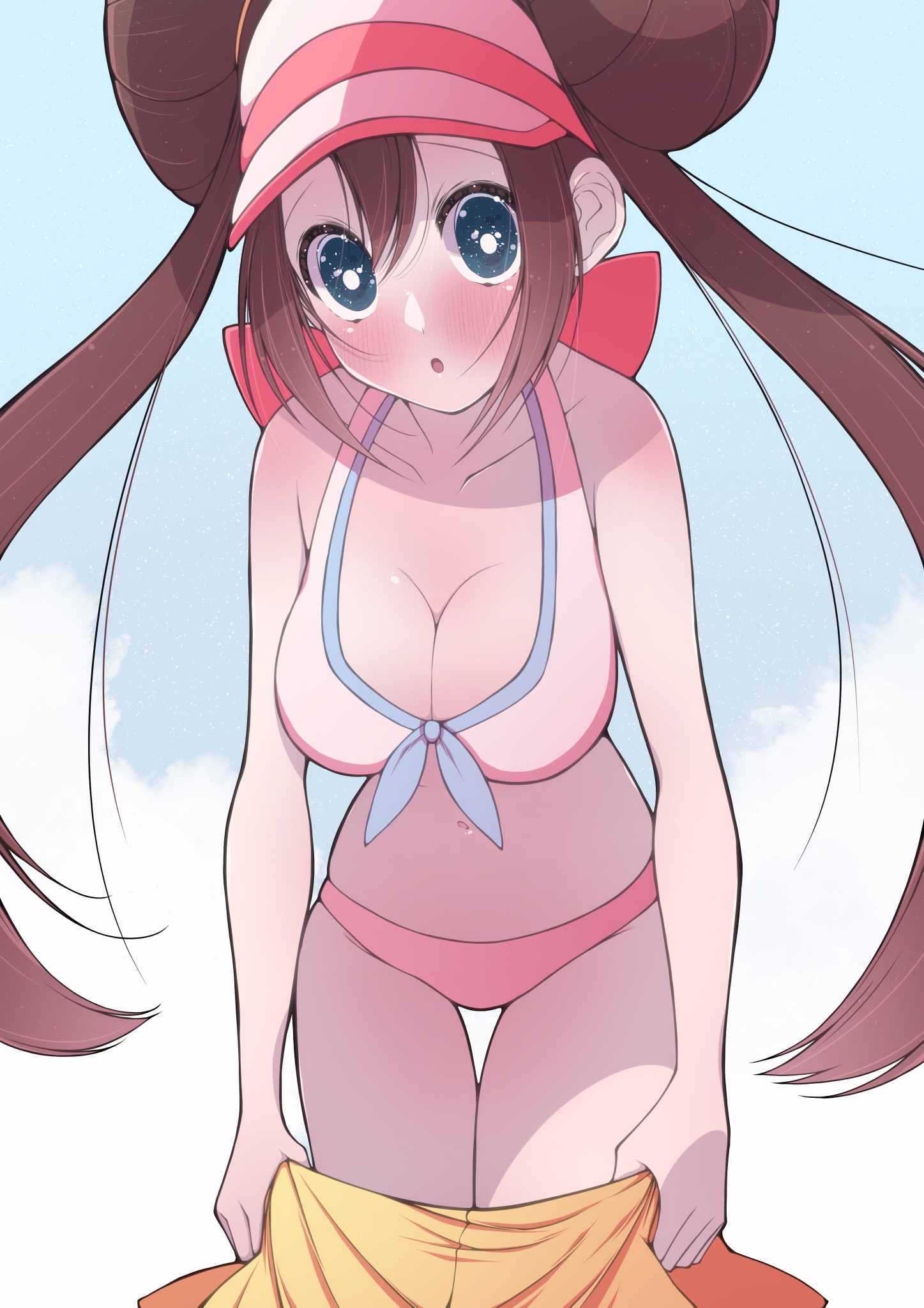 blush, bra, breasts, female, female only, fujiwara hiro (kaede ciao), large breasts, looking at viewer, panties, pokemon, pokemon bw2, rosa (pokemon), solo, swimsuit, twintails, underwear, undressing