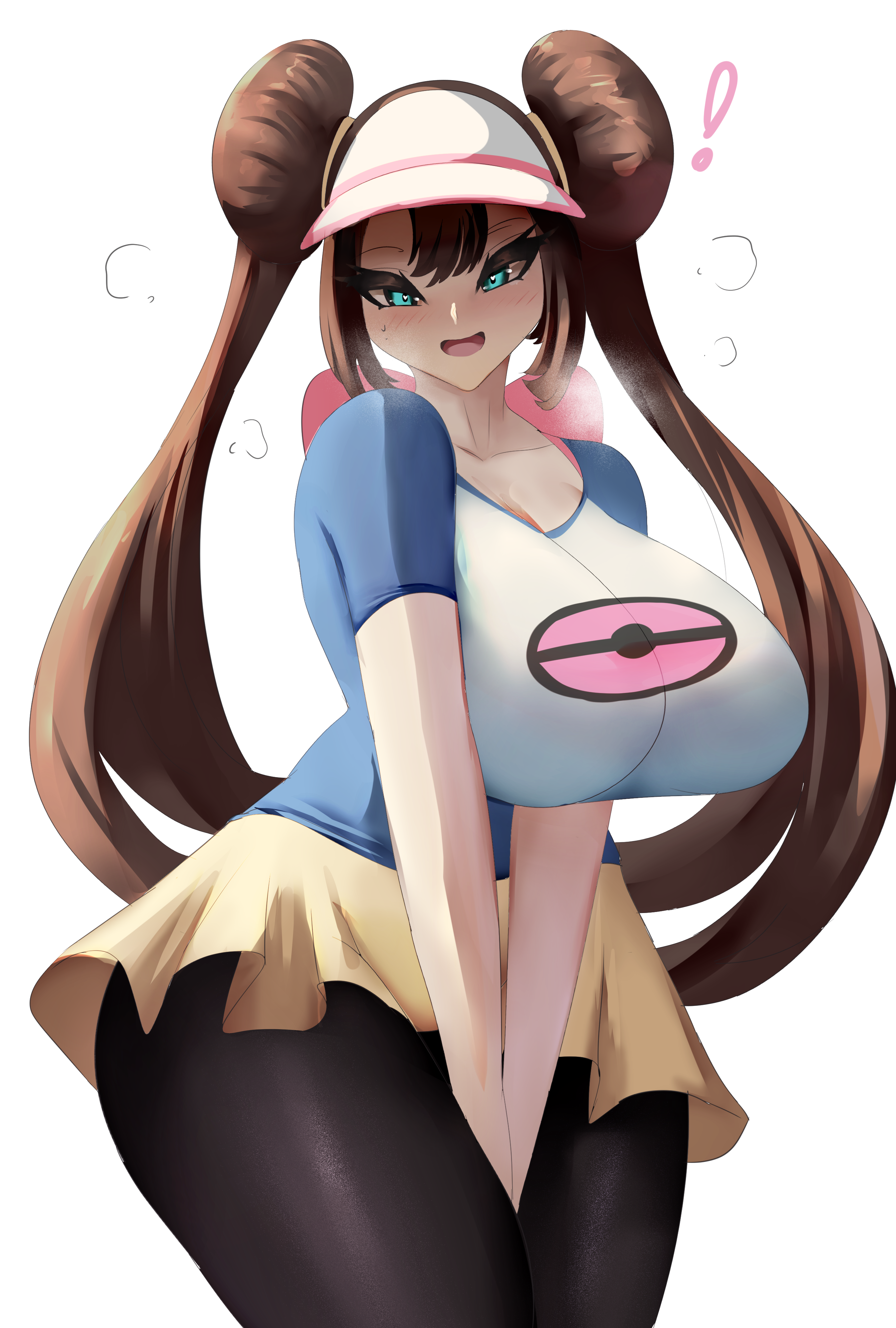1girls, alternate breast size, blue eyes, breasts, brown hair, clothed, female, game freak, hi res, huge breasts, light skin, light-skinned female, massive breasts, nintendo, pokemon, pokemon bw2, rosa (pokemon), sana!rpg, shirt, tight clothing, twin buns, twintails
