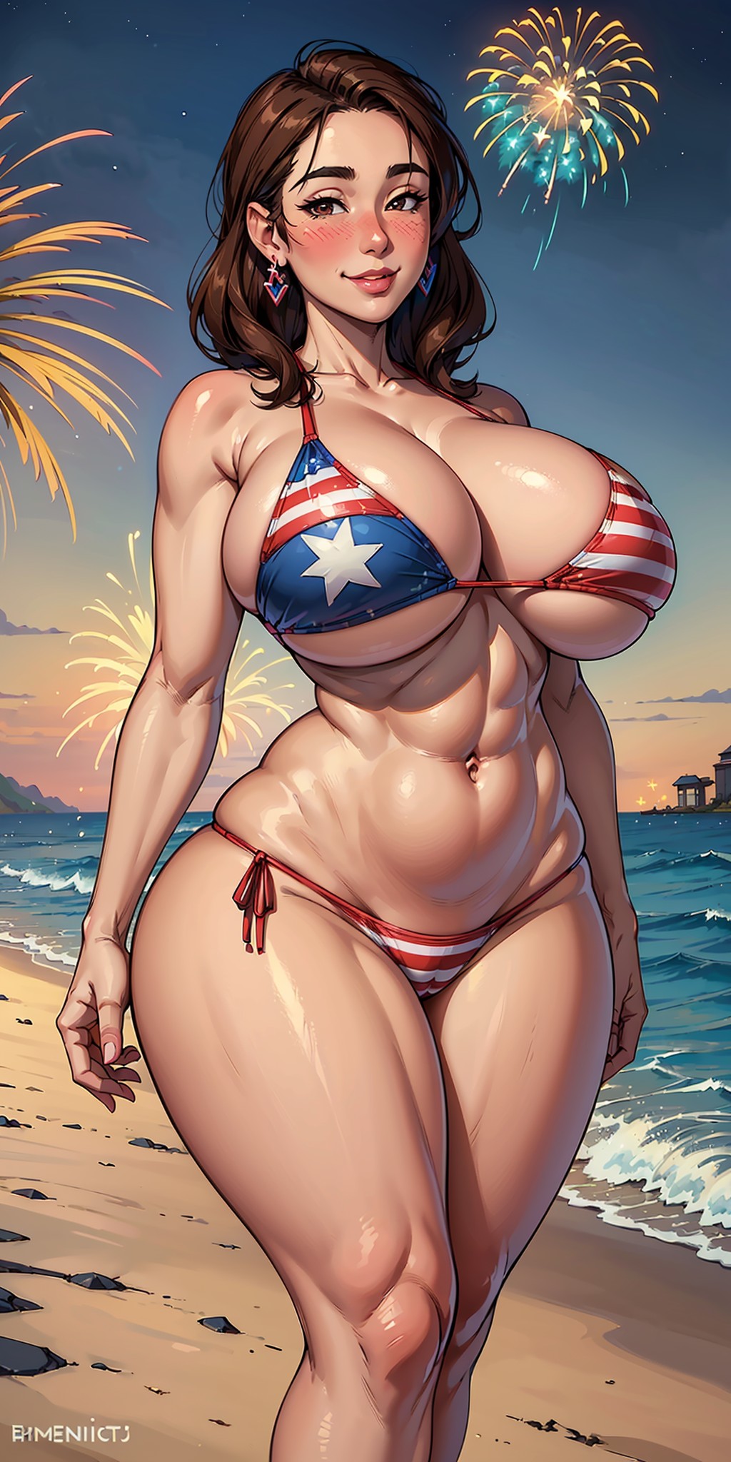 1girls 2023 4th_of_july ai_generated american_flag_bikini armpits beach big_breasts bikini blush blush_lines blushing_at_viewer breasts brown_eyes brown_hair cleavage cloud collarbone day earrings evening female female_only fireworks gigantic_breasts high_resolution highres hips hourglass_figure kawano_misaki knees large_breasts long_hair looking_at_viewer navel original original_character parted_lips self_upload smile smiling smiling_at_viewer solo stable_diffusion standing thighs toned toned_body toned_female voluptuous voluptuous_female water yodayo