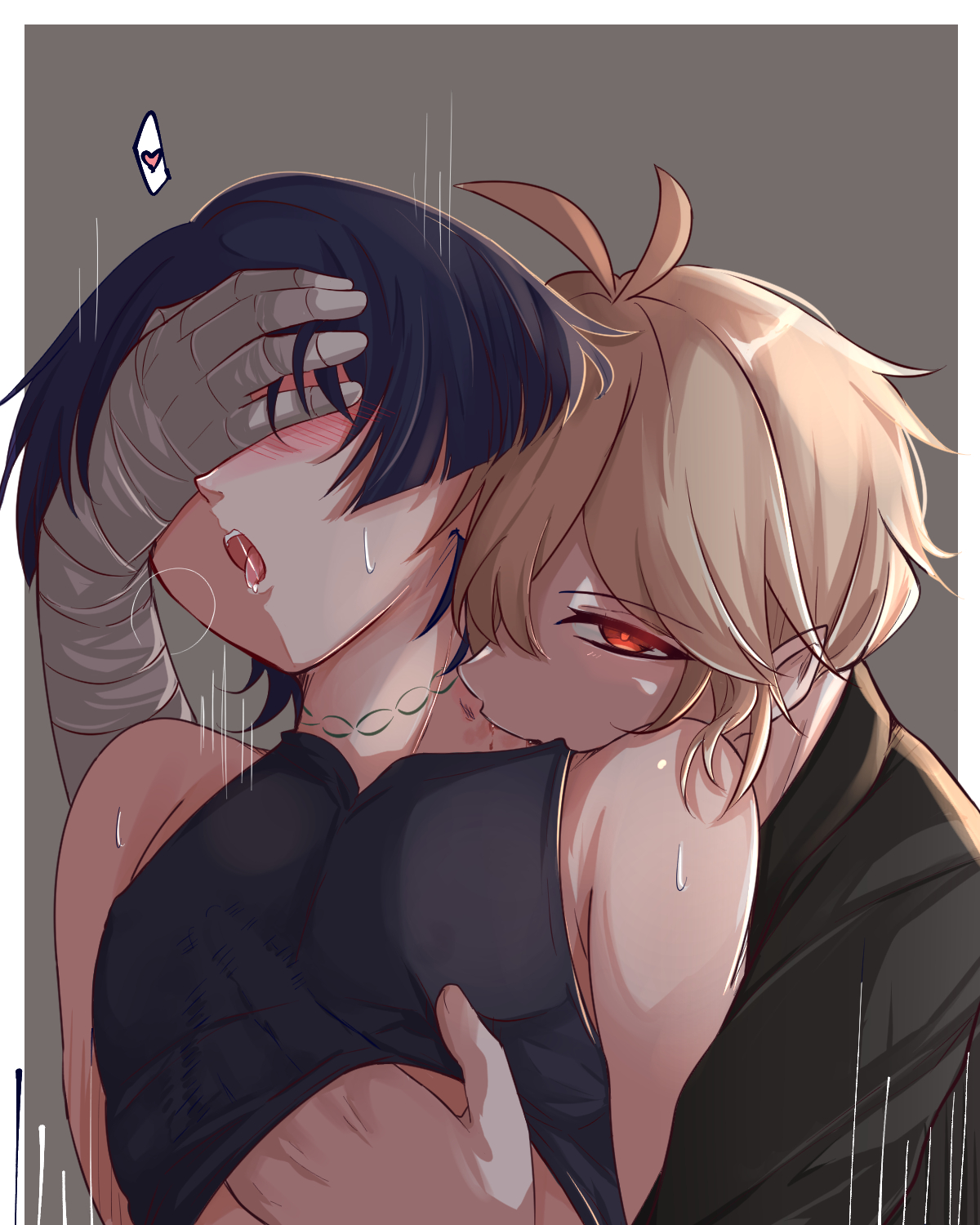 2boys, barefoot, bite mark, chest grab, covering eyes, femboy, gay, genshin impact, girly, groping, hoyoverse, kaedehara kazuha, male, male only, maledom, neck bite, scaramouche (genshin impact), shirt lift, twink, yaoi
