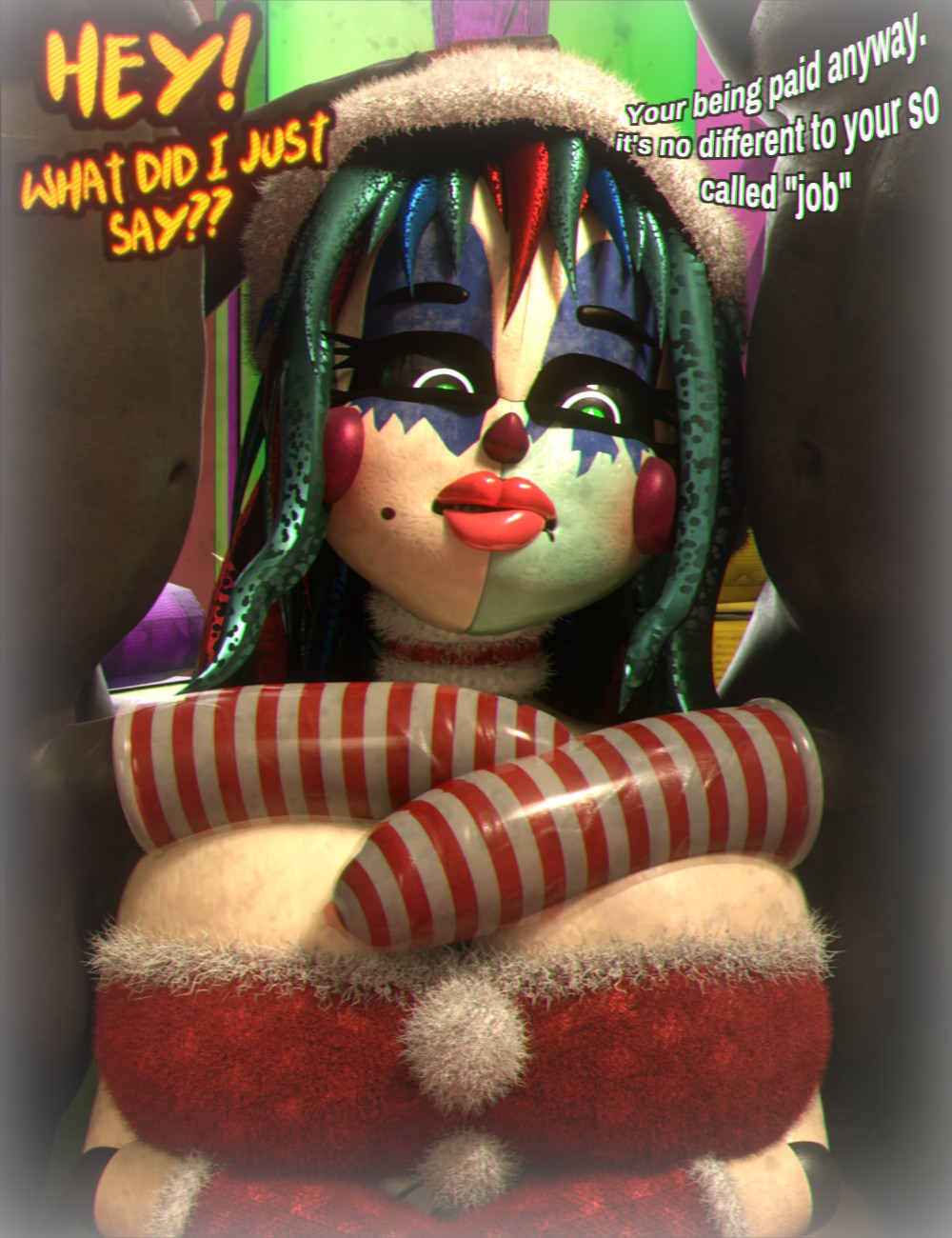 2boys 3d 3d_(artwork) barely_clothed big_ass big_breasts big_penis christmas clothed condom condom_on_penis female five_nights_at_freddy's huge_ass huge_breasts no_bra no_underwear paizuri penis rckke robot robot_girl scrap_baby scrap_baby_(fnaf) scrap_baby_(rckke) sideass straight