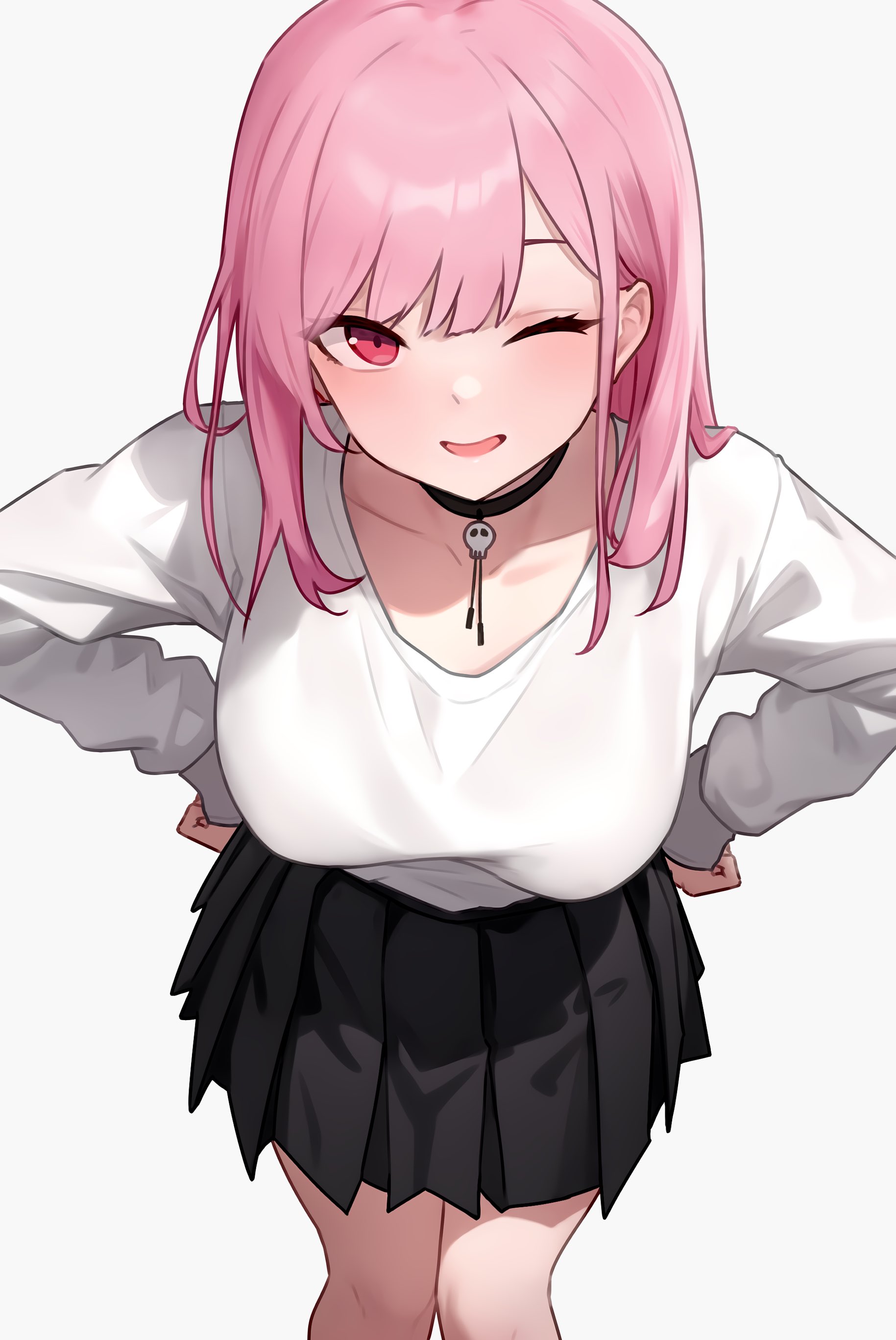 1girls, bluefield, breasts, clothed, female, hololive, hololive english, hololive myth, huge breasts, long hair, looking at viewer, mori calliope, pink eyes, pink hair, simple background, smile, thighs, virtual youtuber