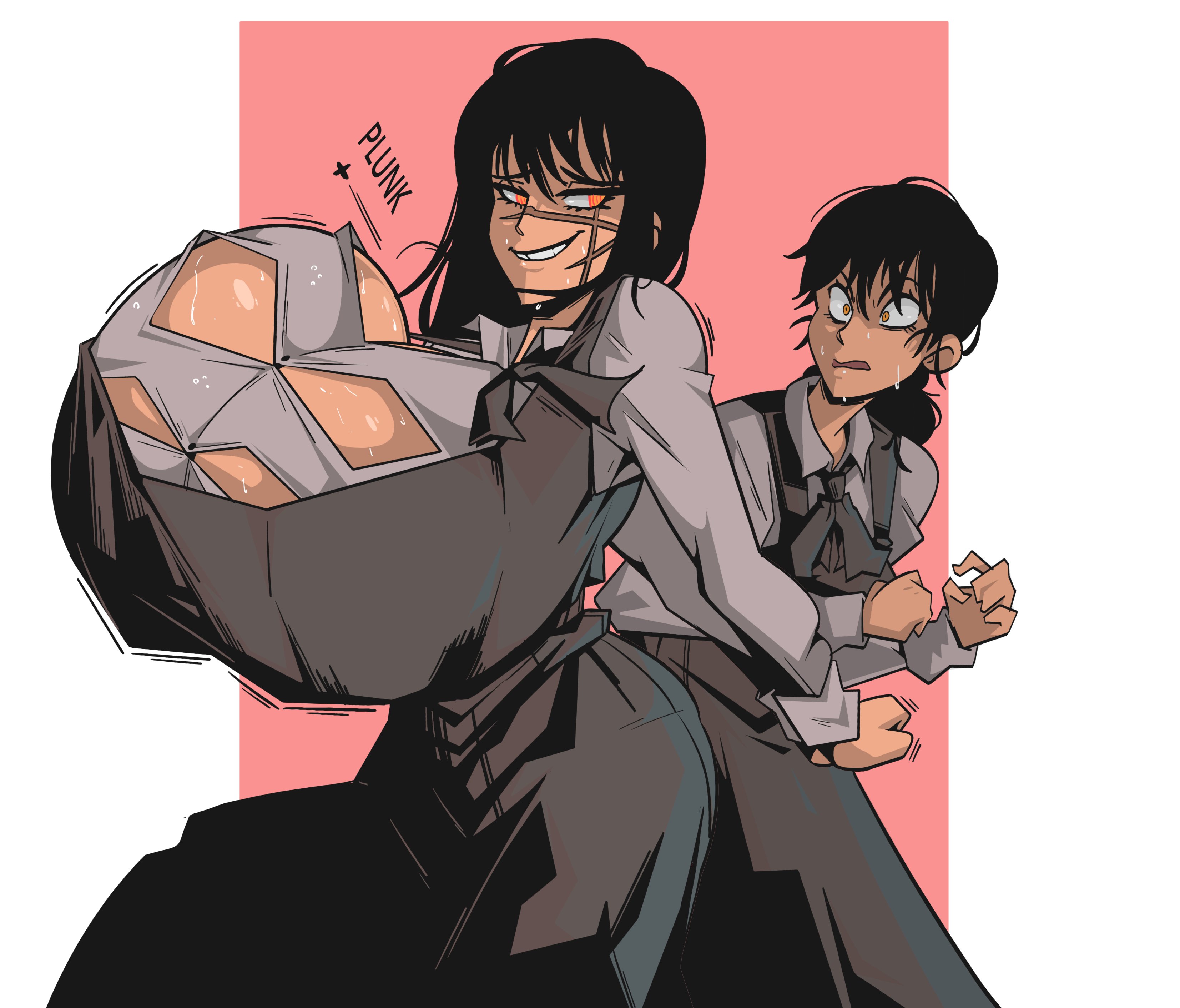 breast growth, breasts, breasts bigger than head, bursting breasts, chainsaw man, face scar, female, growth, huge breasts, large breasts, massive breasts, mitaka asa, scars, school uniform, shounen jump, smug, sweat, top heavy, wardrobe malfunction, wolfafterhours, yoru (chainsaw man)
