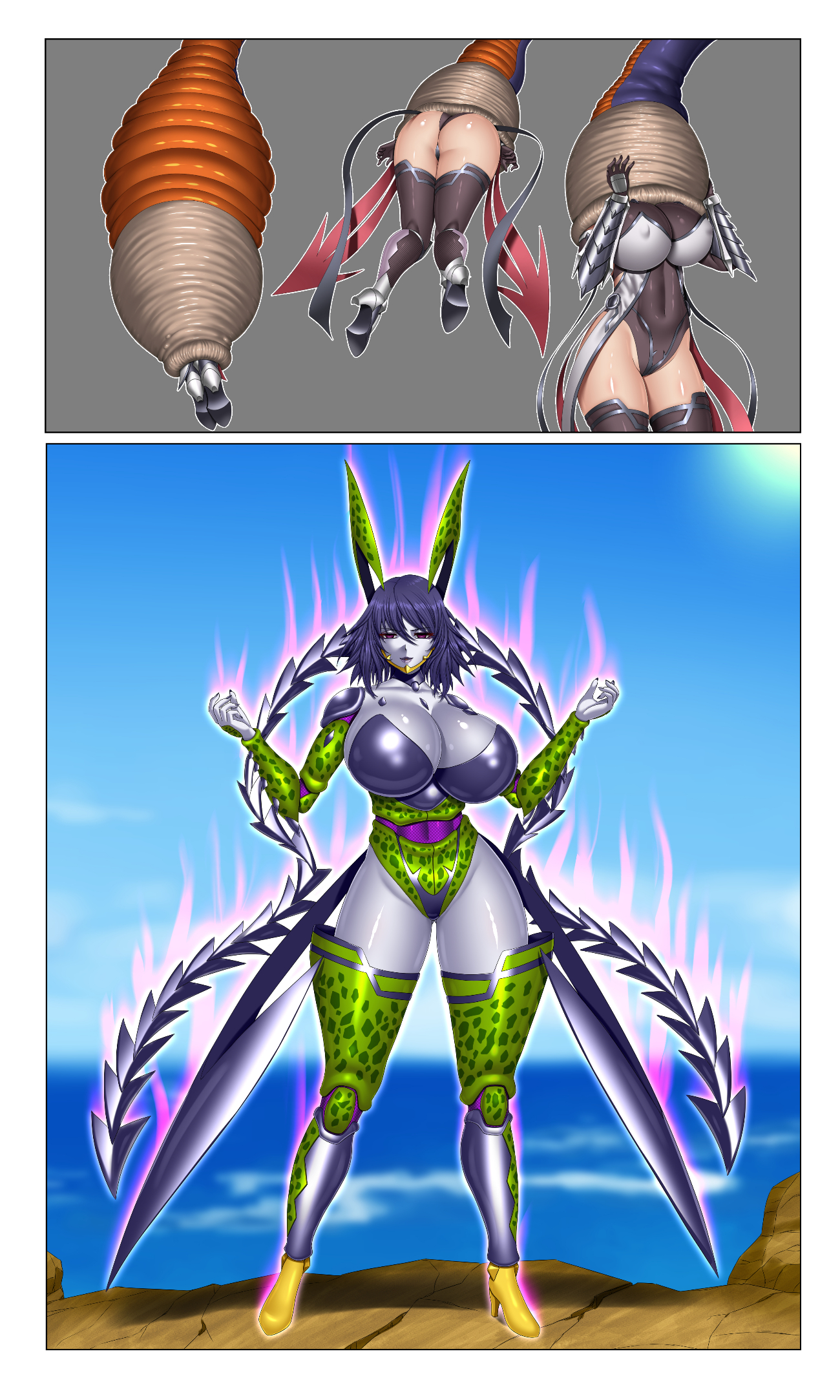 ass, assimilation, brainwashing, breasts, cell (dragon ball), corruption, demon, dragon ball, drone, female, hair color change, huge ass, huge breasts, mind control, mizuki shiranui, monsterification, skin color change, species transformation, succubus, taimanin (series), thick thighs, transformation, wide hips