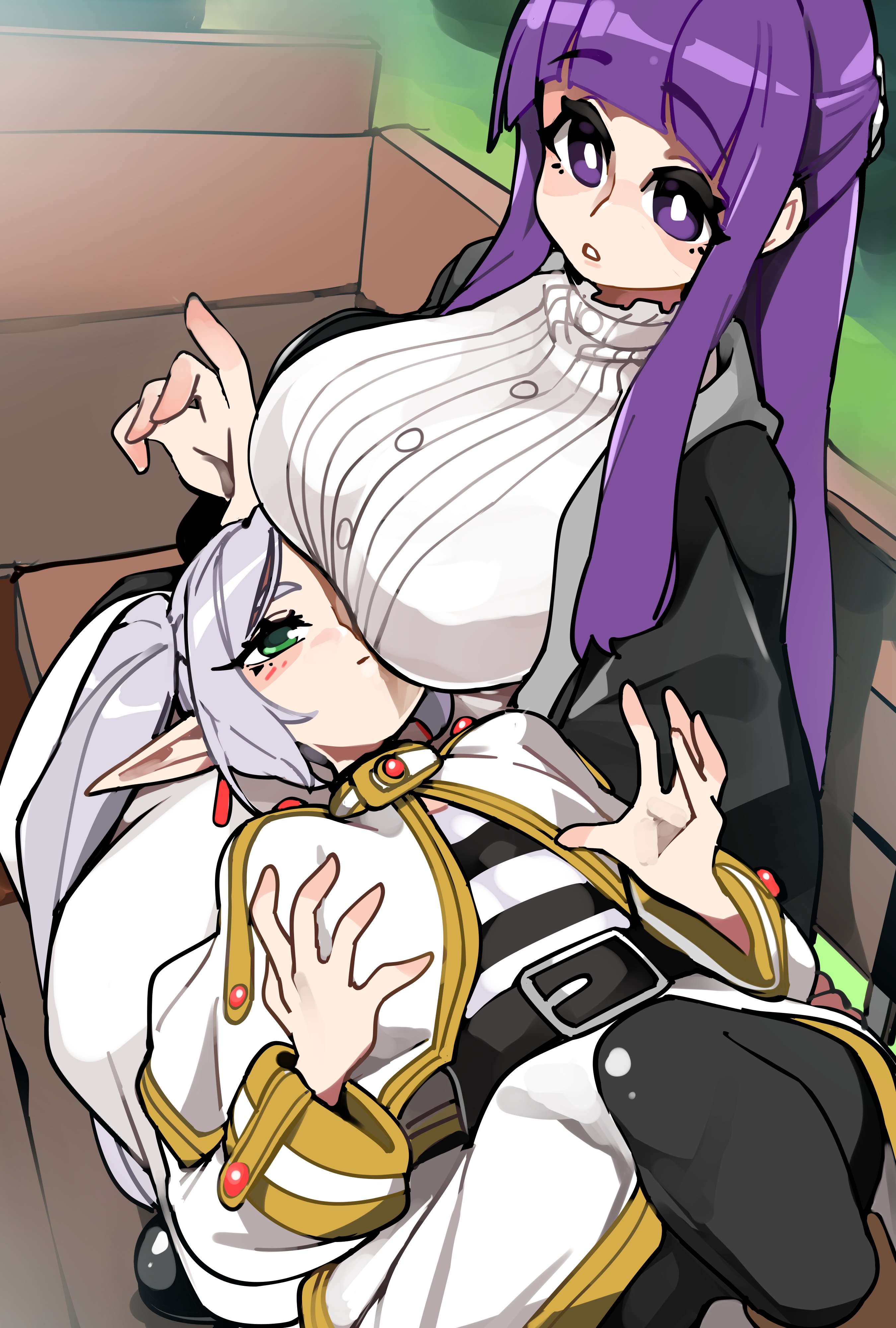 2girls, absurd res, big breasts, bongfillstudent, breasts, breasts on face, elf, elf ears, elf female, female, female only, fern (sousou no frieren), frieren, green eyes, lying, lying on back, lying on lap, purple eyes, purple hair, scene interpretation, scene reference, sitting, sitting on bench, sousou no frieren, white hair