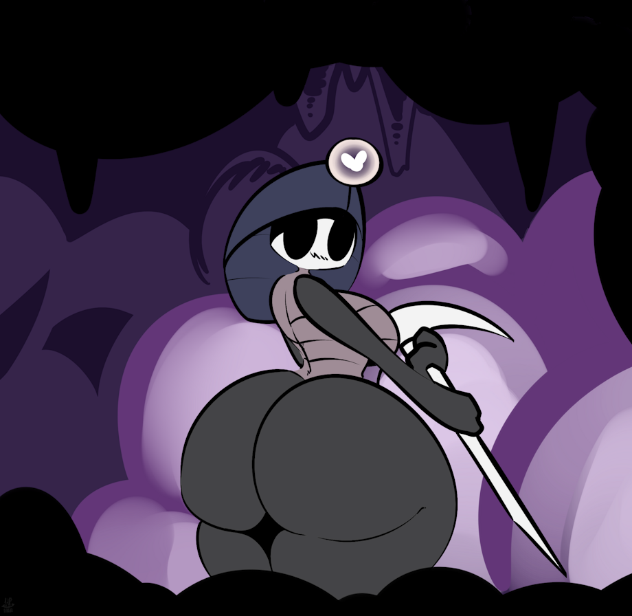 1-upclock anthro arthropod ass big_butt black_eyes blush breasts female headgear hollow_knight huge_butt insects myla_(hollow_knight) pickaxe purple_background simple_background solo thick_thighs wide_hips