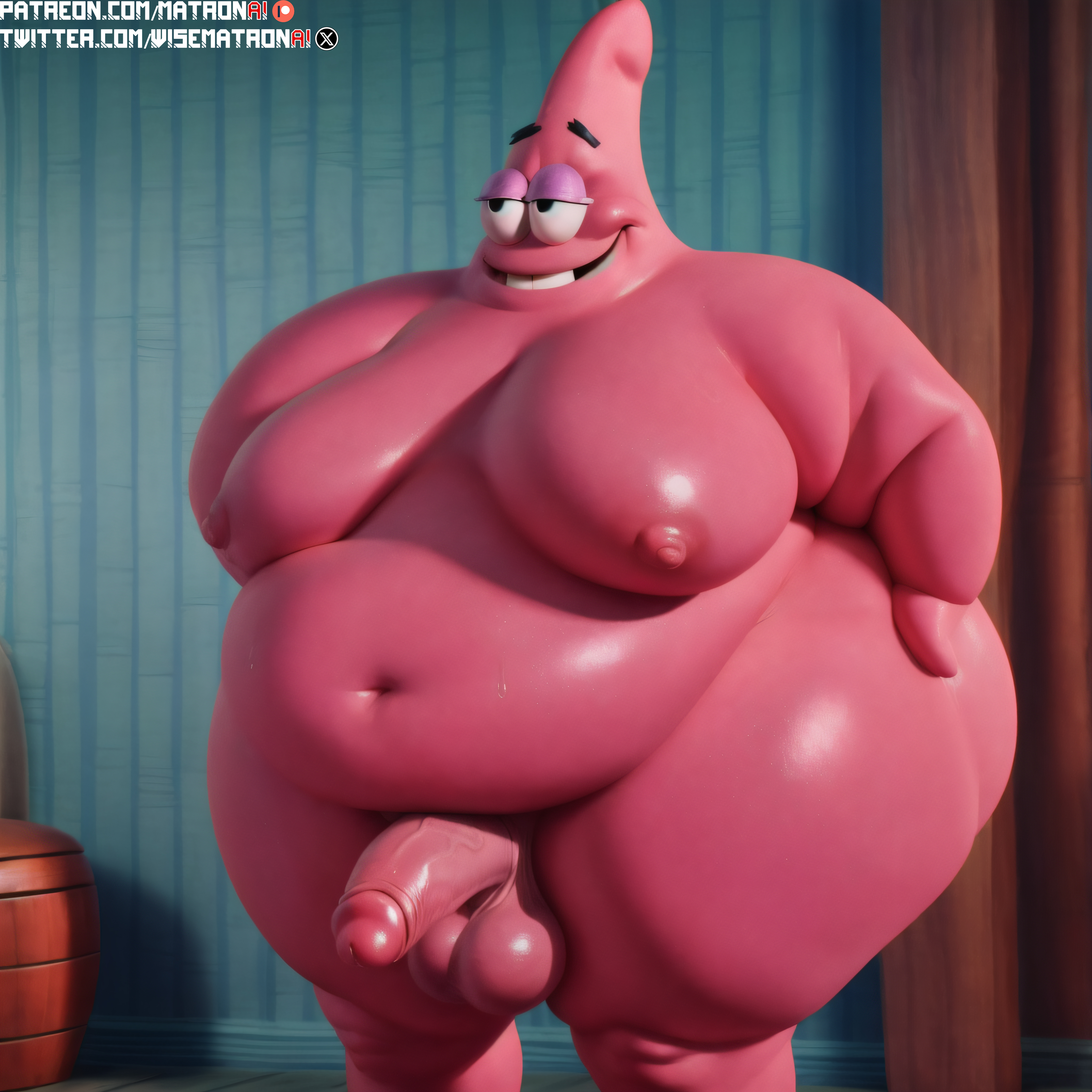 4k, ai generated, anthro, balls, belly, belly button, bhm, big balls, big belly, big moobs, big pecs, breasts, busty male, highres, hips, huge hips, huge moobs, huge pecs, male, male only, male with breasts, massive belly, massive thighs, matronai (artist), moobs, morbidly obese, morbidly obese male, navel, nickelodeon, nipples, obese, obese anthro, obese male, overweight, overweight male, patreon, patreon username, patrick star, pecs, penis, pinup, solo, solo male, spongebob squarepants, stable diffusion, starfish, thick, thick penis, thick thighs, thighs, twitter username, wide hips
