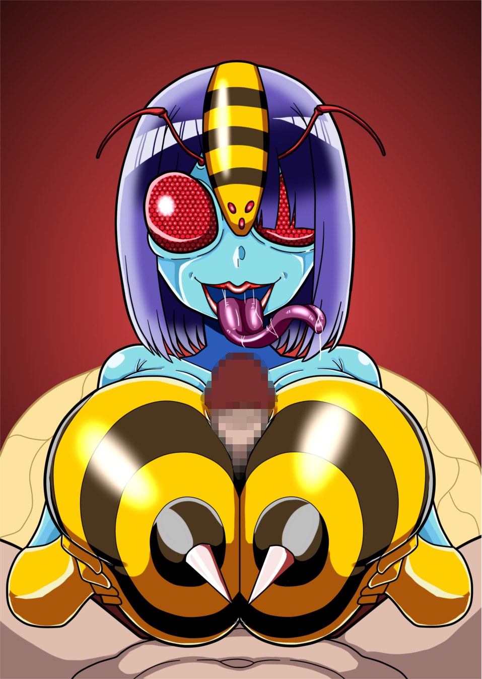 armpits bee_woman blush brainwashing corruption female glasses insect_eyes long_tongue mid-transformation mind_control navel nipples paizuri pussy restrained skin_color_change tengukizoku thick_thighs transformation transforming_into_combatant wide_hips