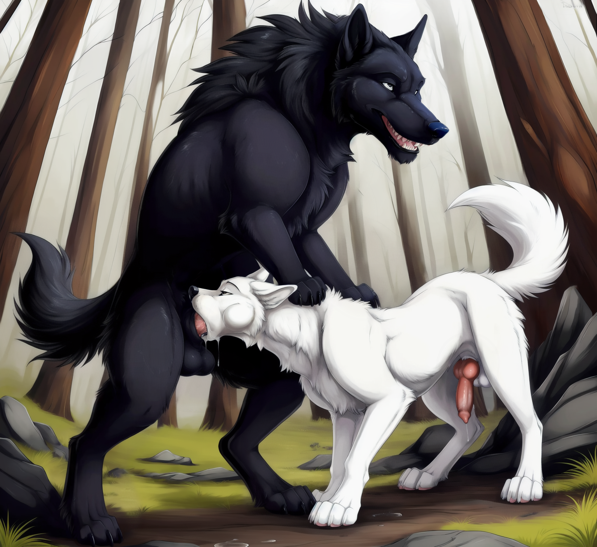 ai generated, anatomically correct, anatomically correct genitalia, animal genitalia, animal penis, balls, bodily fluids, canid, canine, canine penis, canis, cheek bulge, detailed, detailed background, detailed fur, director firewolf, drooling, duo, face fucking, fellatio, feral, feral on feral, forest, furryrock (model), genital fluids, genitals, grass, hi res, irrumatio, knot, knotted, knotting, looking pleasured, male, male/male, mammal, open mouth, oral, oral knotting, oral penetration, paws, penetration, penile, penis, plant, precum, raised tail, rock, saliva, sex, size difference, teeth, tree, wolf