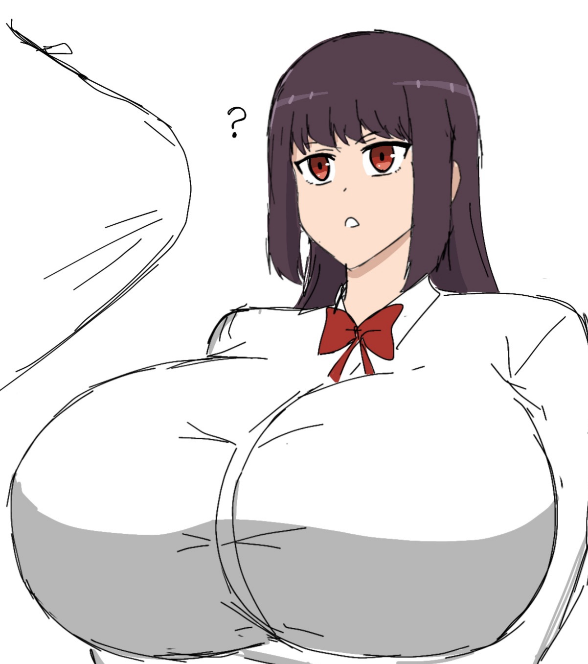 1boy, 1girls, big breasts, breasts, bulge, clothed, clothing, curvy, erection, erection under clothes, female, hi res, highres, human, human only, light skin, light-skinned female, long hair, male, momiji (artist), penis, please don't bully me, nagatoro, president (nagatoro), purple hair, red eyes, revealing clothes, sana sunomiya, school uniform, simple background, straight