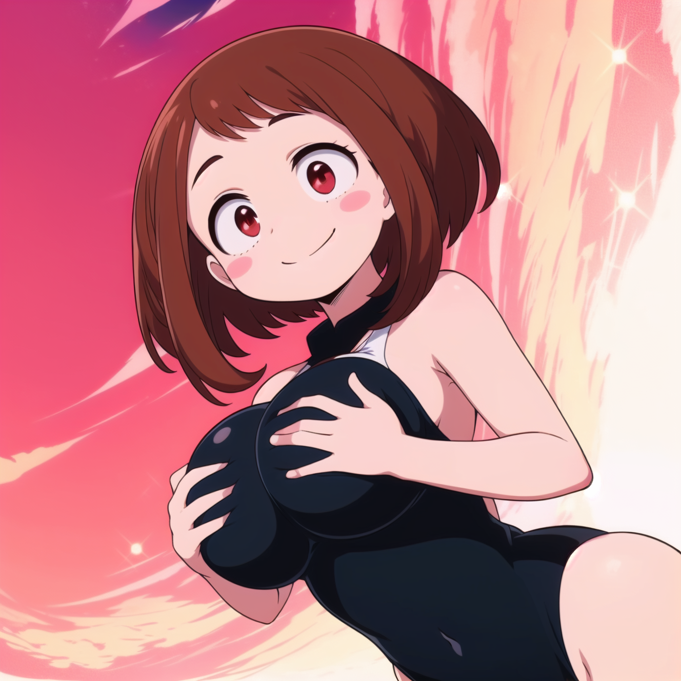 ai generated, big breasts, black leotard, breasts, brown hair, dutch angle, female, holding breast, leotard, low-angle view, my hero academia, ochako uraraka, pushing breasts together, red eyes, sky, solo, solo female, solo focus, sunset, virtuai