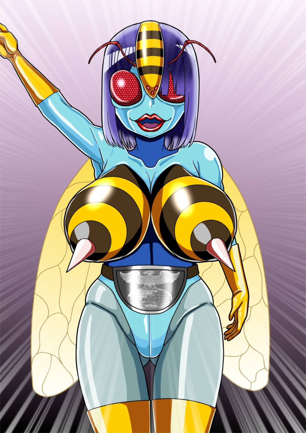 armpits bee_woman blush brainwashing corruption female glasses insect_eyes mid-transformation mind_control navel nipples pussy restrained skin_color_change tengukizoku thick_thighs transformation transforming_into_combatant wide_hips