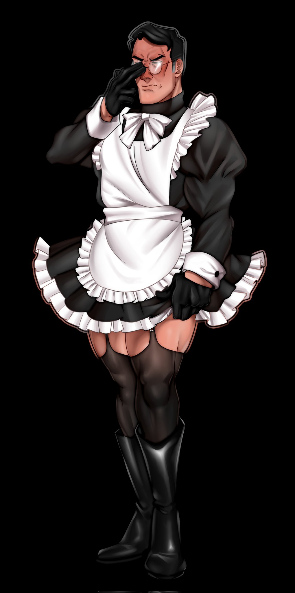 bara blush clothed crossdressing dilf doctor_sex flustered flustered_male glasses maid maid_dress maid_outfit maid_uniform medic_(team_fortress_2) no_penetration no_visible_genitalia oc older_male original_character silodise skimpy_clothes solo_male stockings team_fortress_2 thighhighs