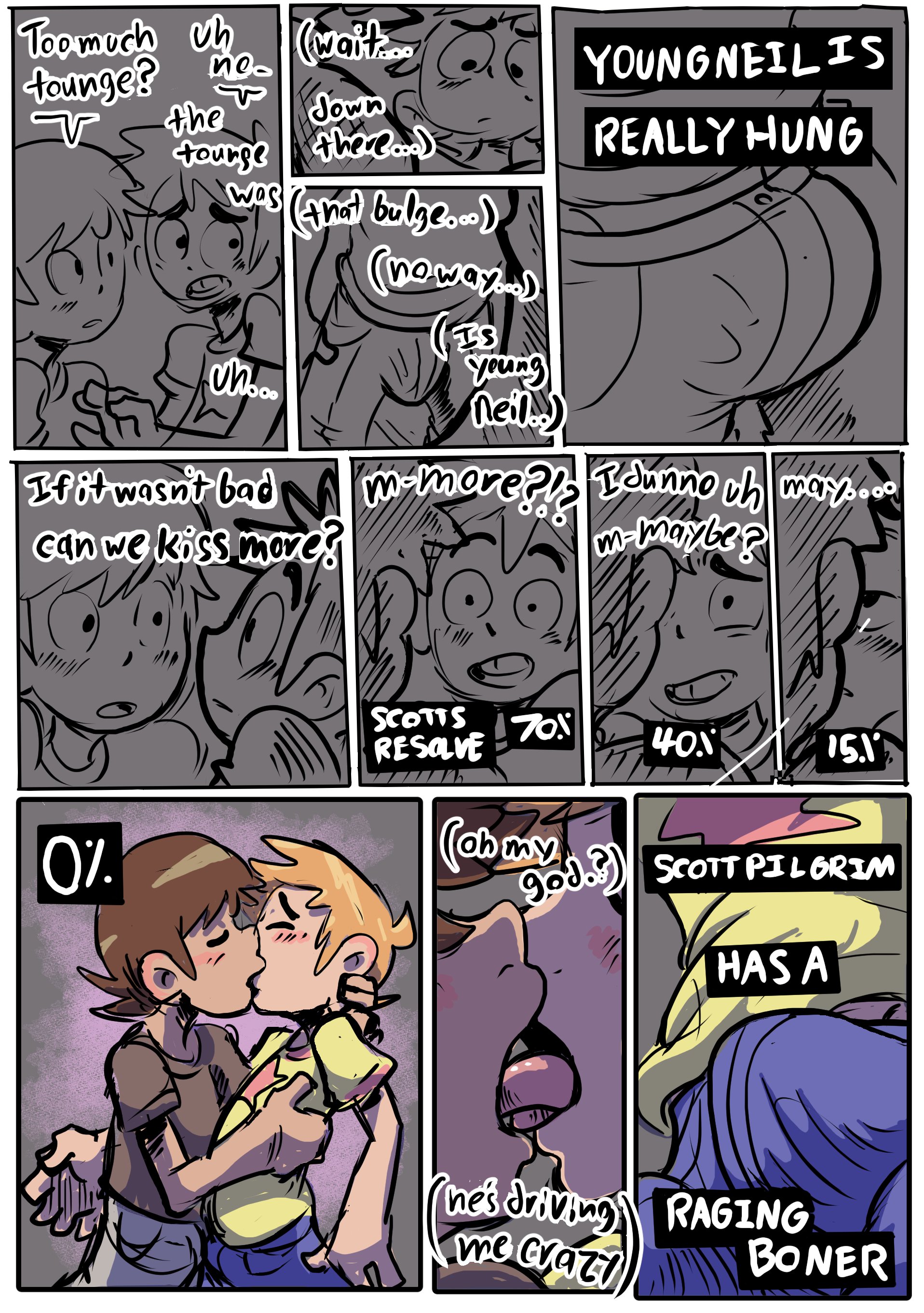 2boys, brown hair, bulge, comic, comic page, gay, ginger, kissing, making out, male, male only, neil nordegraf, public, scott pilgrim, scott w pilgrim, tagme, tez (artist), tongue, yaoi