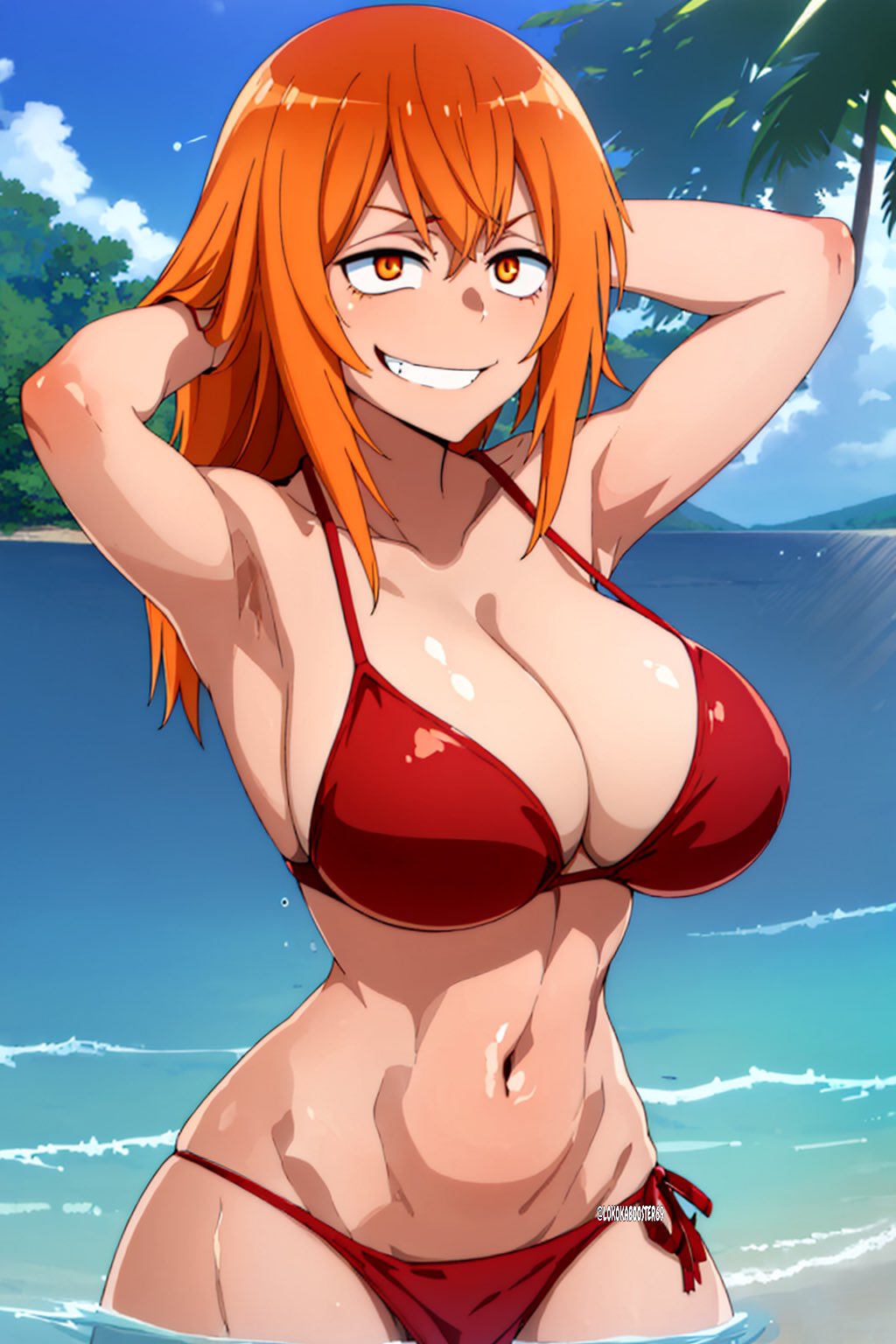 1girls, ai generated, ass, beach, big ass, big breasts, bikini, breasts, clothed, clothing, curvy, female, female focus, female only, gamo-chan, hands behind head, hi res, highres, human, human only, light skin, light-skinned female, lokokabooster69, long hair, looking at viewer, navel, orange eyes, orange hair, please don't bully me, nagatoro, pose, red bikini, revealing clothes, simple background, smile, solo, solo female, wide hips