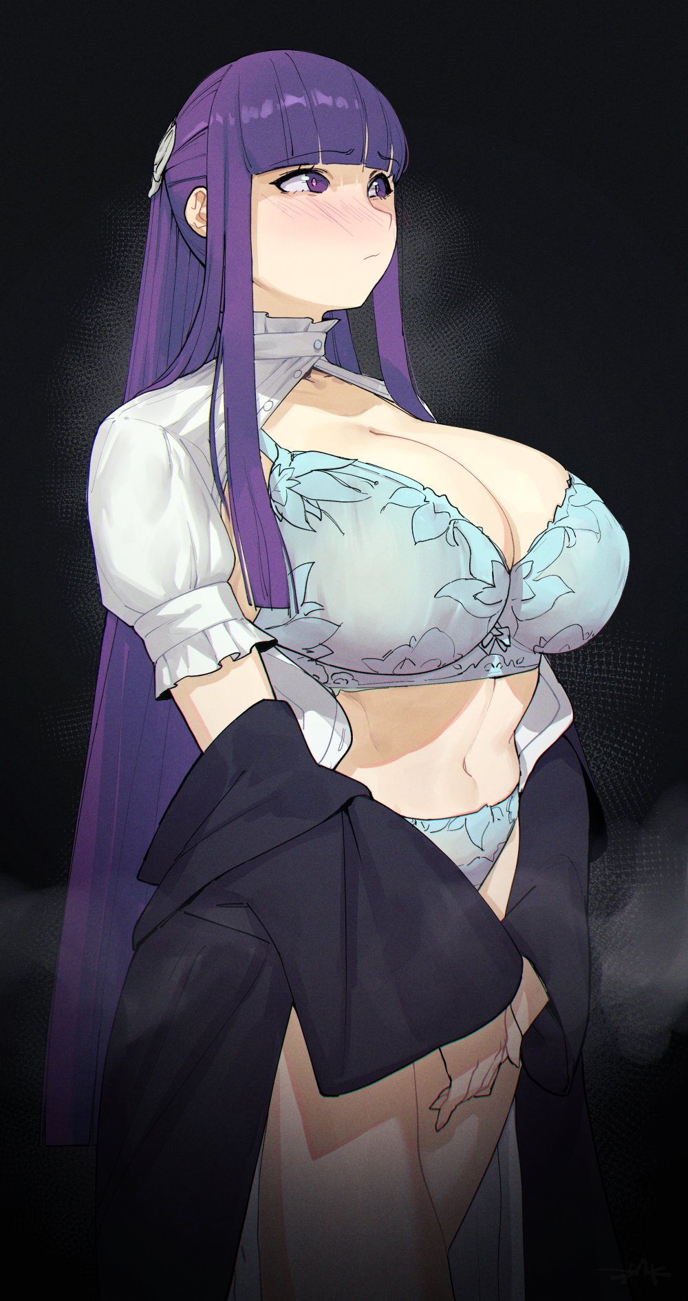 1girls averting_eyes black_robe blue_bra blue_panties blush bra breasts cleavage clothing collar commentary cut_bangs english_commentary female fern_(sousou_no_frieren) highres huge_breasts legs_together lingerie long_hair matching_underwear navel off_shoulder open_clothes open_shirt panties puffy_short_sleeves puffy_sleeves puk puk_(puk_2020) purple_eyes purple_hair robe shirt short_sleeves solo sousou_no_frieren straight_hair thighs unbuttoned unbuttoned_shirt underwear undressing v_arms very_long_hair white_collar white_shirt wide_hips