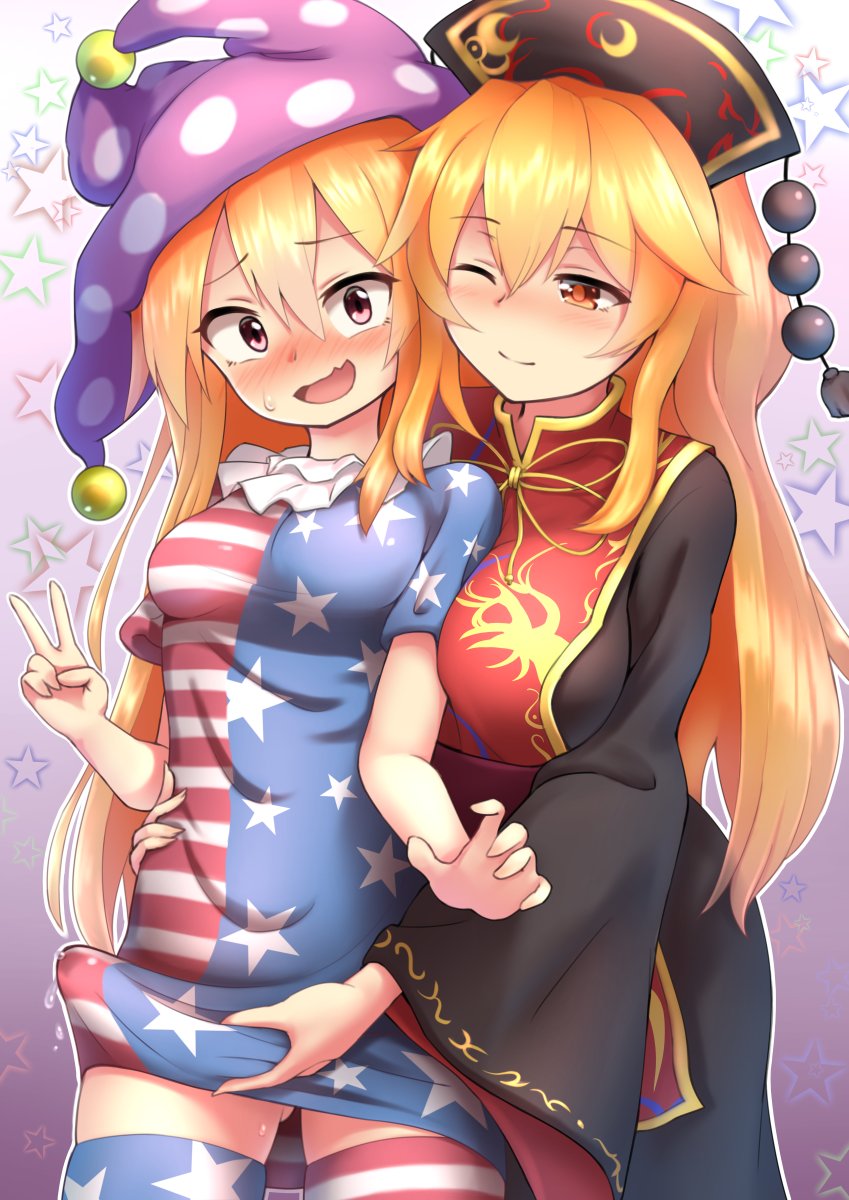 1futa 1girls blonde_hair blush breasts bulge clothed clothing clownpiece duo erection erection_under_clothes female femdom fully_clothed futa_on_female futanari futasub gluteal_fold grabbing grabbing_from_behind human junko_(touhou) large_breasts light-skinned_female light-skinned_futanari light_skin long_hair medium_breasts milf multiple_girls older_female orange_hair peace_sign precum shiratsuki_shiori standing star_(symbol) thighhighs touhou zettai_ryouiki