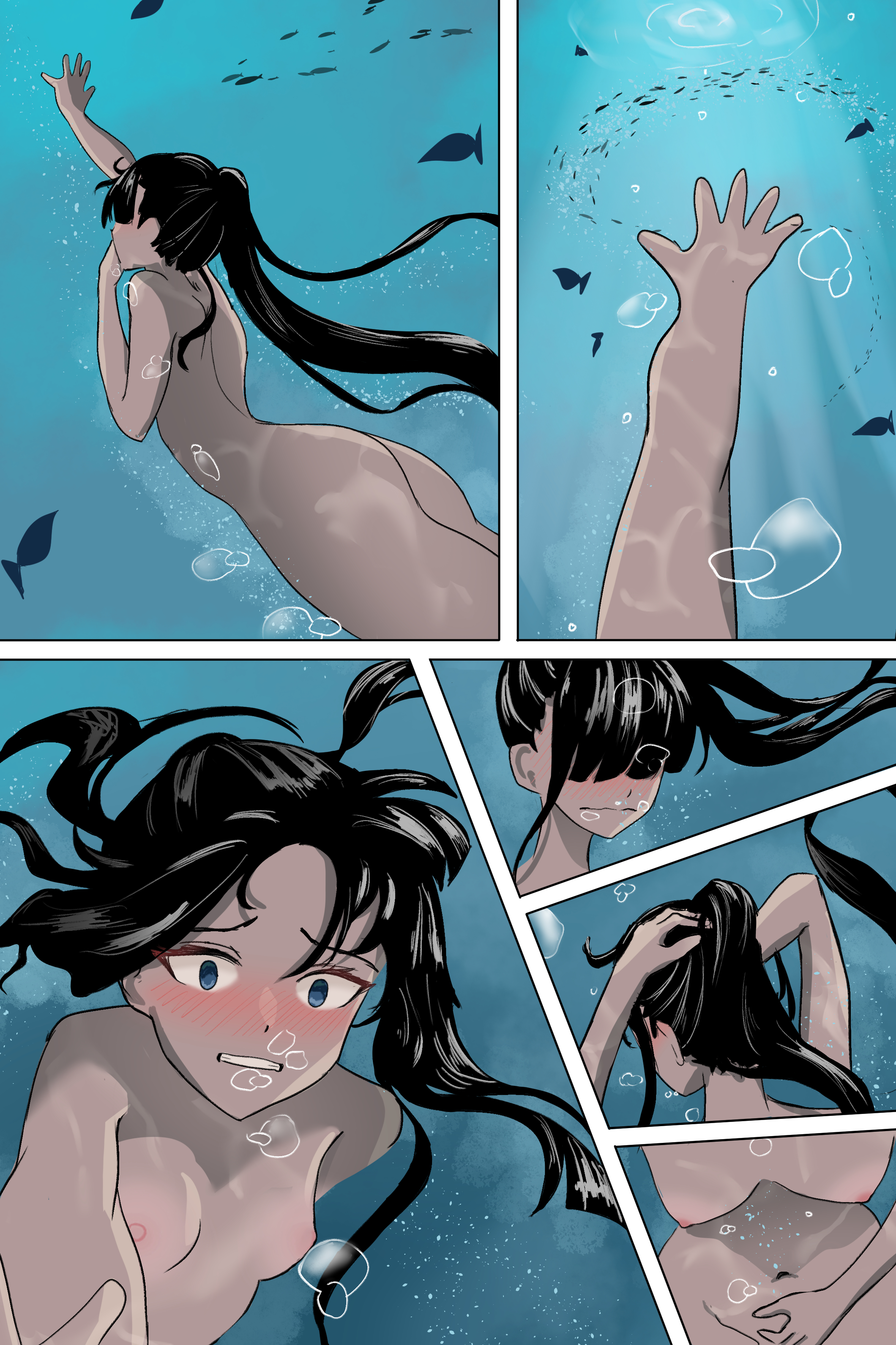 air bubbles, begging for more, covering mouth, desperation, drowning, female, marima666 (artist), nude, nude female, swimming, tagme, underwater