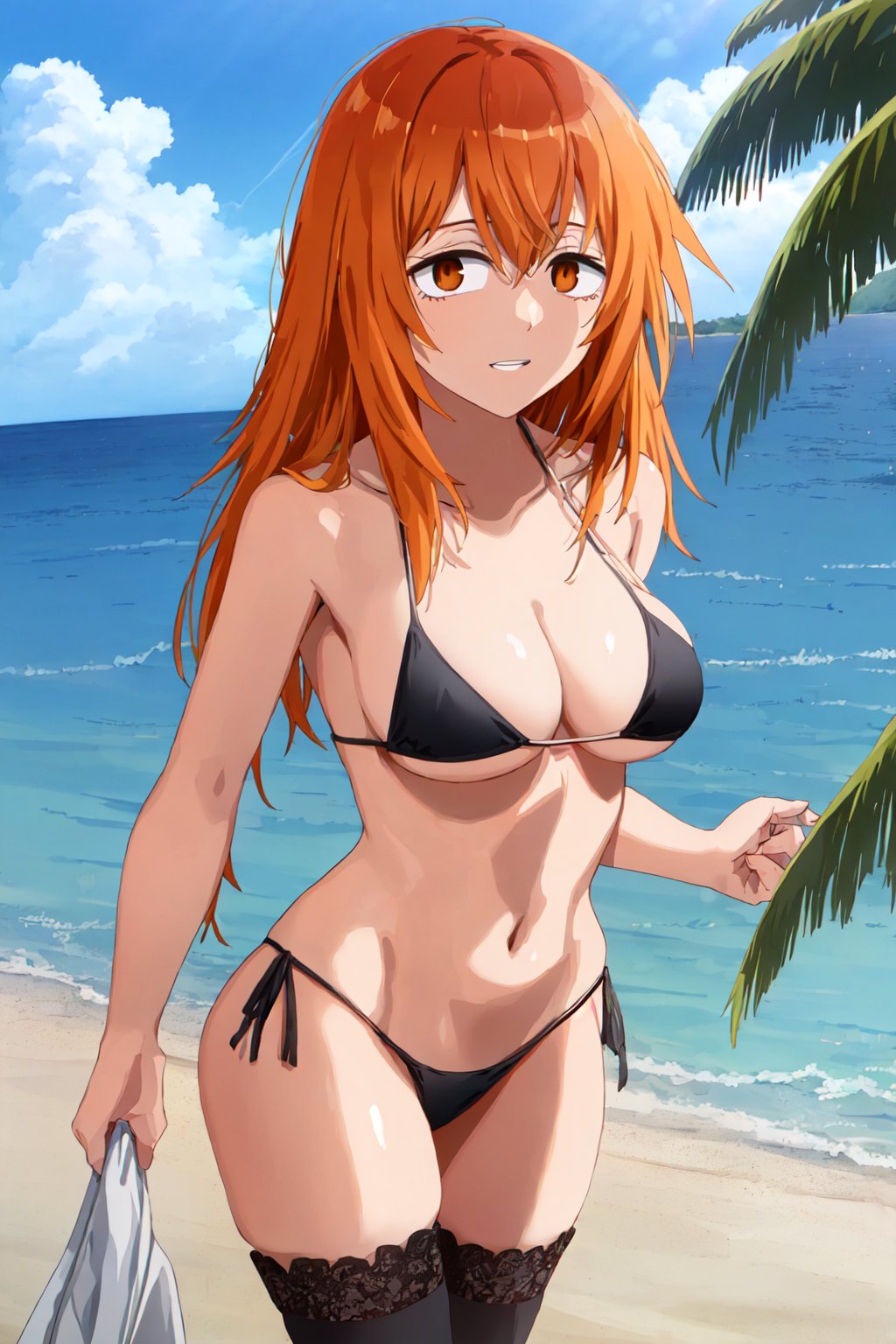1girls, ai generated, beach, big breasts, bikini, breasts, clothed, clothing, curvy, female, female focus, female only, gamo-chan, hi res, highres, human, human only, light skin, light-skinned female, lokokabooster69, long hair, looking at viewer, navel, orange eyes, orange hair, please don't bully me, nagatoro, revealing clothes, simple background, solo, solo female, wide hips