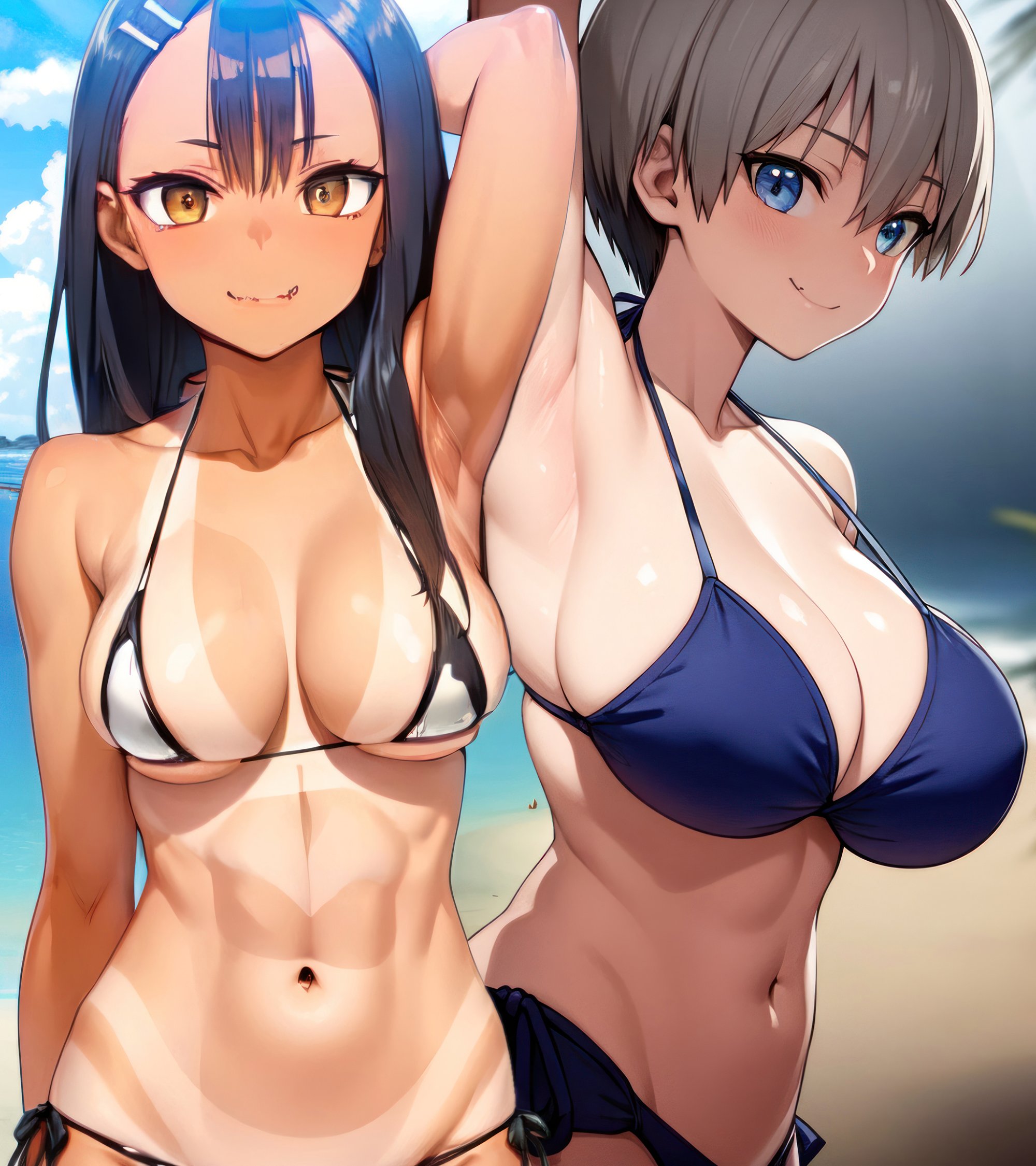 2girls, ai generated, armpit focus, beach, big breasts, bikini, black hair, breasts, brown eyes, clothed, clothing, crossover, female, female focus, female only, hand behind head, hands behind head, hayase nagatoro, hi res, highres, human, human only, long hair, looking at viewer, medium breasts, navel, ocean, please don't bully me, nagatoro, pose, presenting armpits, revealing clothes, simple background, small breasts, smile, tan, tan body, tan skin, tan-skinned female, tanline, tanned, tanned female, uzaki hana, uzaki-chan wa asobitai!, vicent law