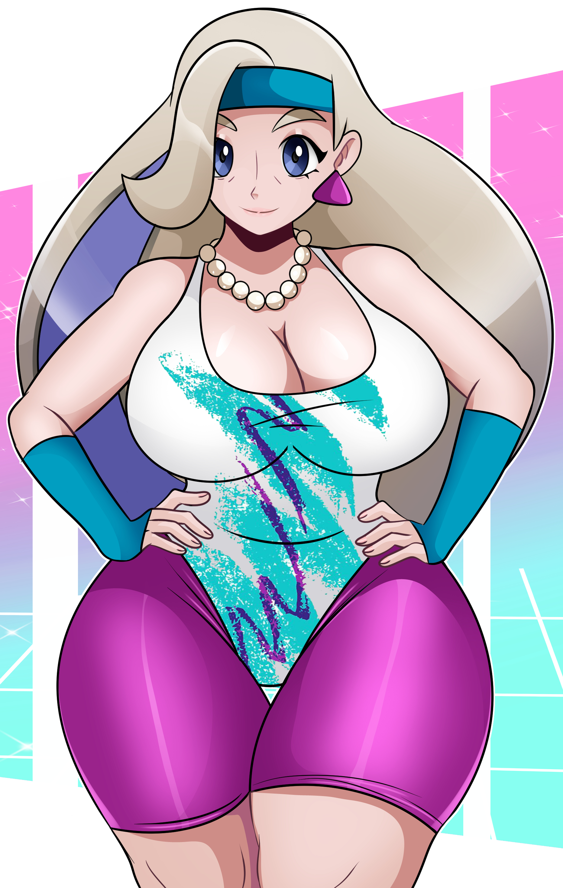 1girls, armwear, big breasts, blue eyes, breasts, cleavage, ear piercing, earrings, female, female only, game freak, hair, hands on hips, hips, huge breasts, leotard, long hair, mature, mature female, melony (pokemon), milf, mother, necklace, neckwear, pearl necklace, pink leggings, pink legwear, pokemon, pokemon ss, solo, solo female, sonson-sensei, thick thighs, thighs, white hair, white leotard, wide hips