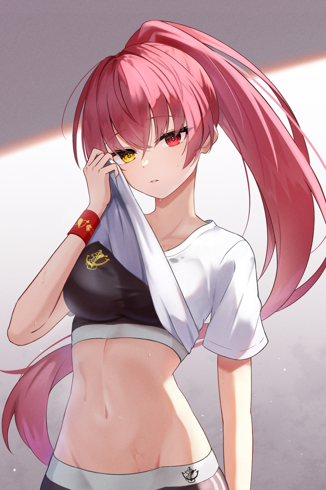 1girls, breasts, female, hair between eyes, hololive, hololive fantasy, hololive japan, houshou marine, large breasts, long hair, looking at viewer, navel, ponytail, red eyes, red hair, solo, sweat, telu (teluscarlet), virtual youtuber, yellow eyes