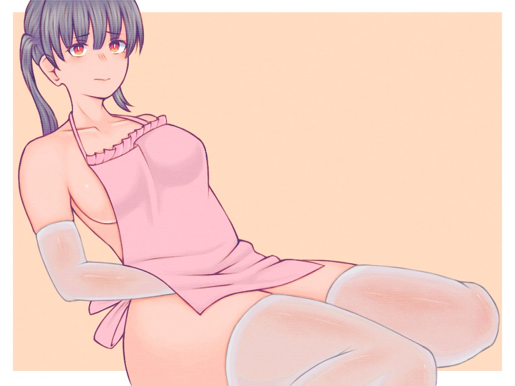 1girls, artist request, embarrassed, en'en no shouboutai, enen no shouboutai, female, fire force, kotatsu tamaki, leggings, long gloves, naked apron, solo, twintails