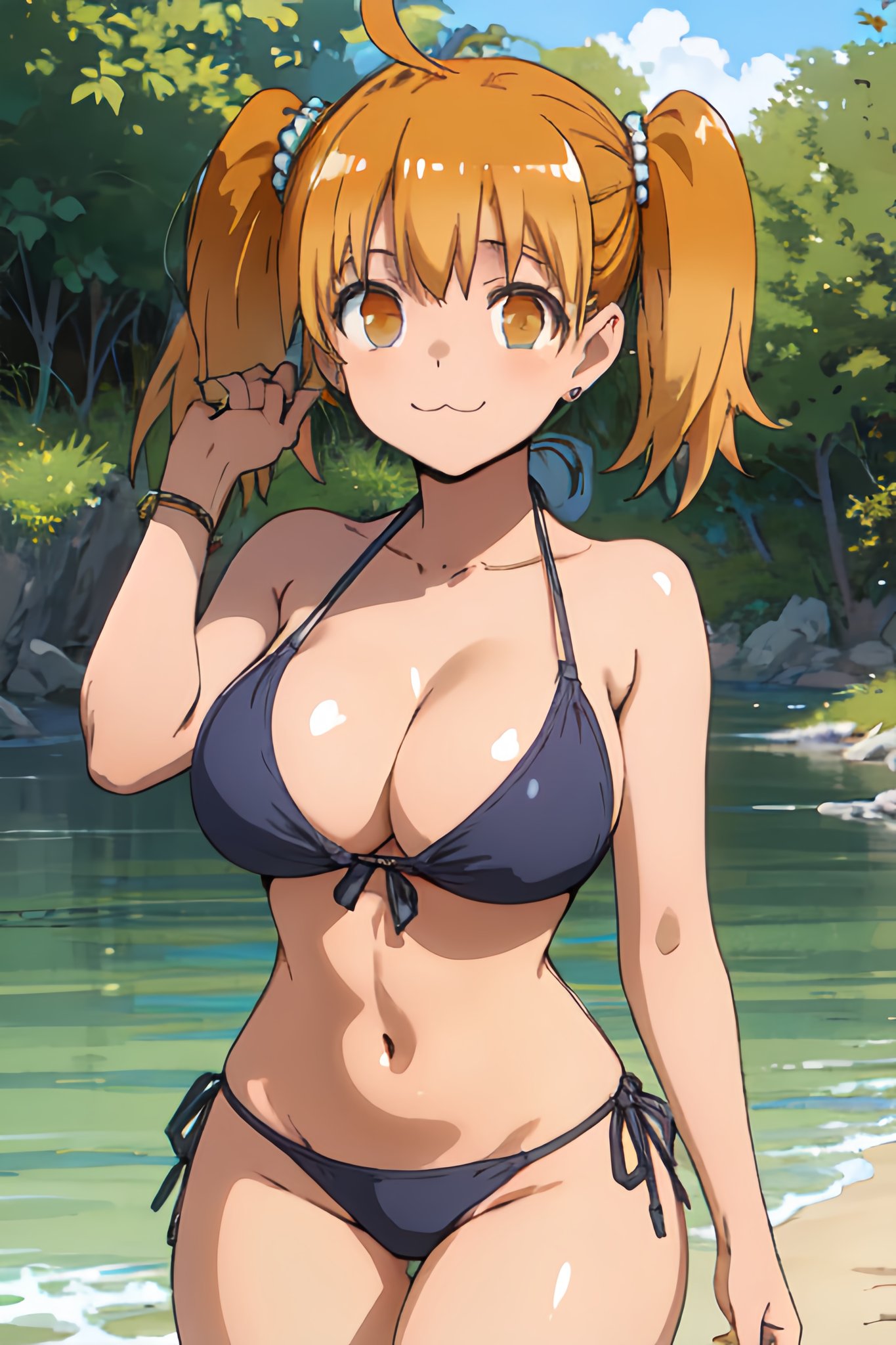 1girls, ai generated, big breasts, bikini, blonde hair, breasts, brown eyes, clothed, clothing, curvy, female, female focus, female only, hi res, highres, human, human only, lake, light skin, light-skinned female, lokokabooster69, looking at viewer, medium hair, navel, pigtails, please don't bully me, nagatoro, pose, revealing clothes, simple background, solo, solo female, wide hips, yoshi (nagatoro)