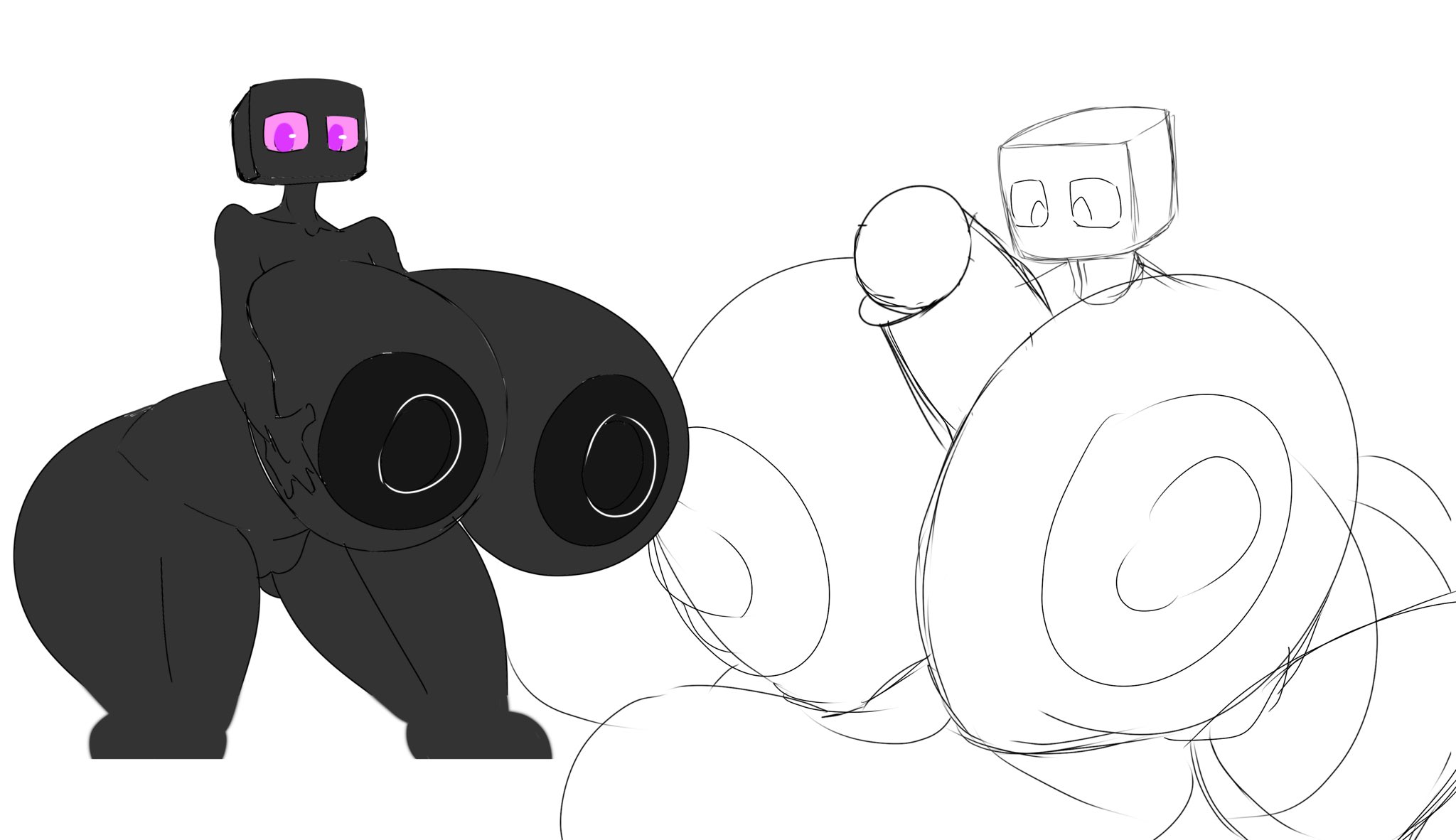 ass, big ass, breasts, breasts bigger than head, enderman, enderwoman, female, huge ass, huge breasts, huge cock, hyper breasts, hyper penis, male, minecraft, nude, paizuri, penis, sketch, thiccbuns