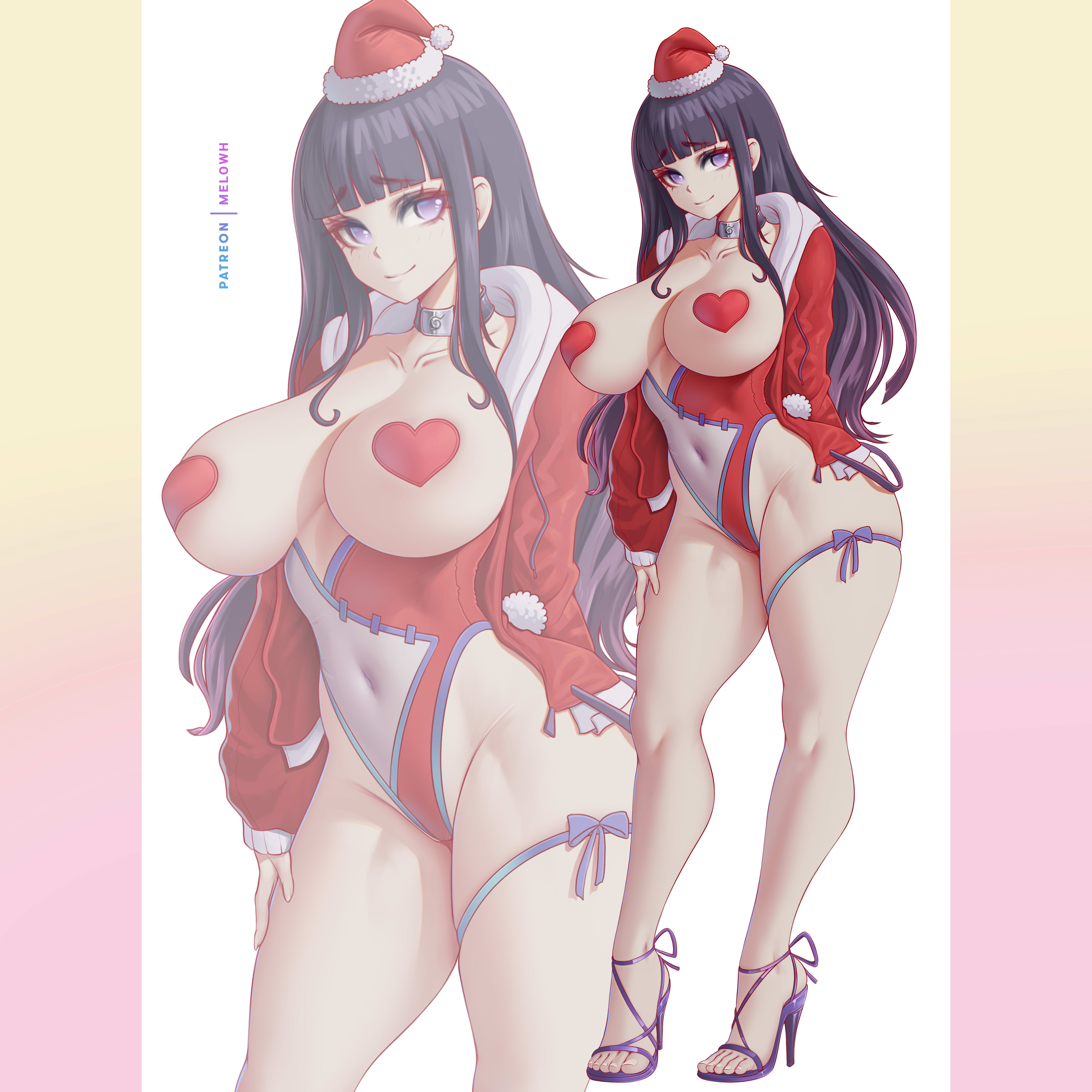 1girls, black hair, breasts, christmas, female, female only, hi res, hips, huge breasts, hyuuga hinata, light skin, light-skinned female, long hair, melowh, naruto, naruto (series), naruto shippuden, pasties, santa hat, wide hips