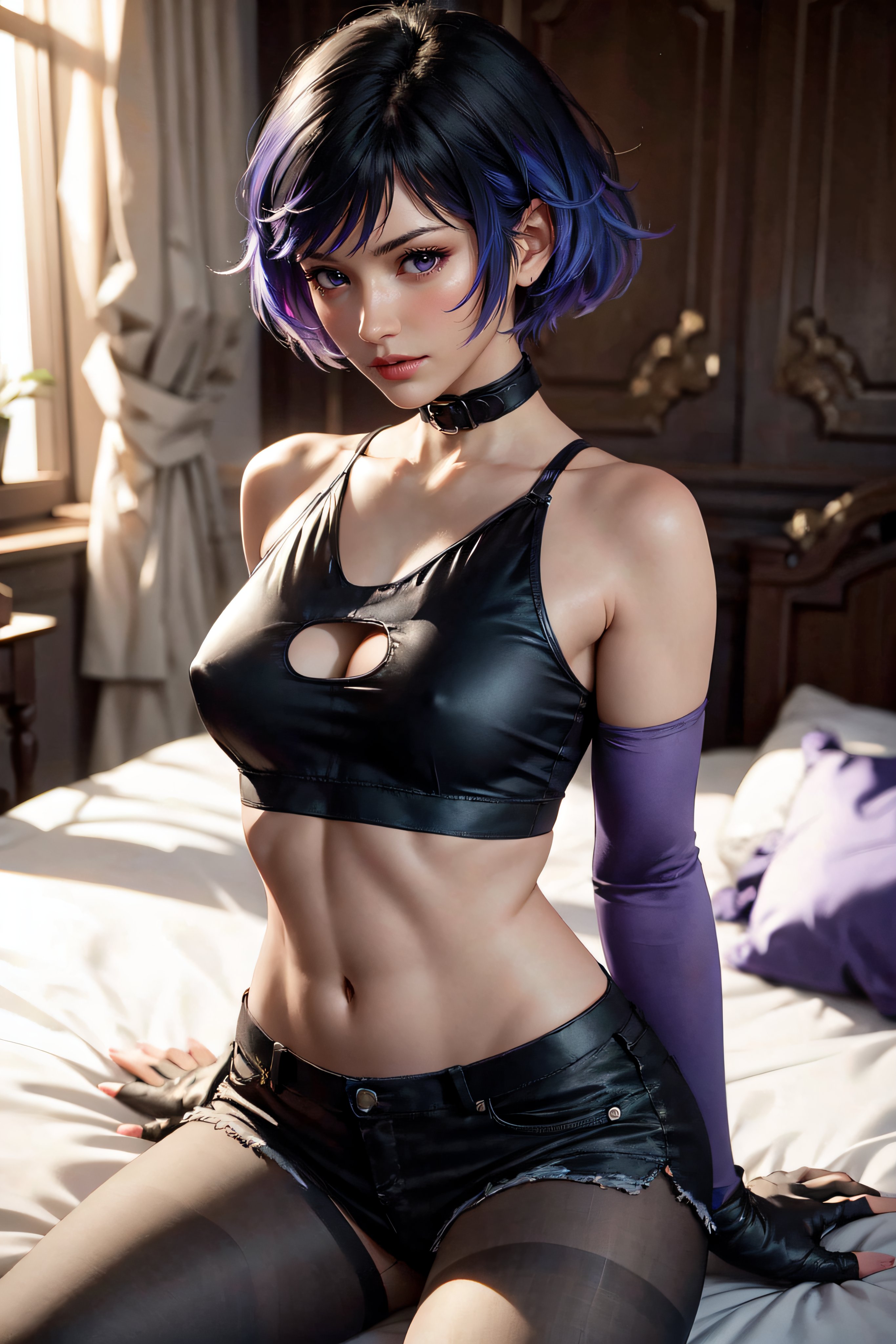 1girls, abs, ai generated, athletic, athletic female, boob window, breasts, cleavage, female, female only, light skin, light-skinned female, looking at viewer, namco, reina mishima, tekken, tekken 8