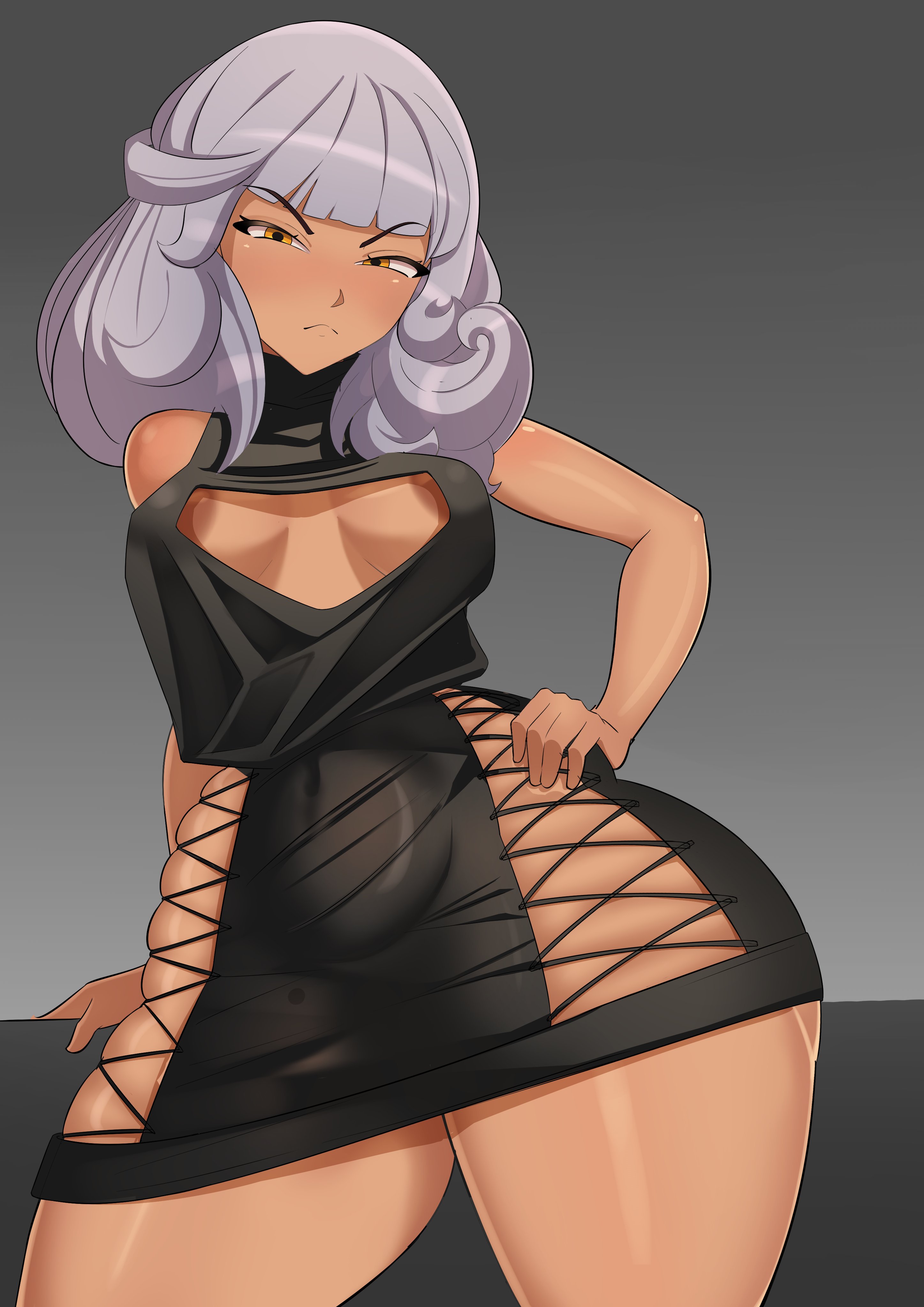 1girls, 2023, breasts, dress, female, hand on hip, keisar (artist), league of legends, looking at viewer, medium hair, minidress, nipple slip, nipples, orange eyes, qiyana yunalai, riot games, silver hair, skindentation, standing, tagme, thick thighs, thighs, tight clothing, tight dress