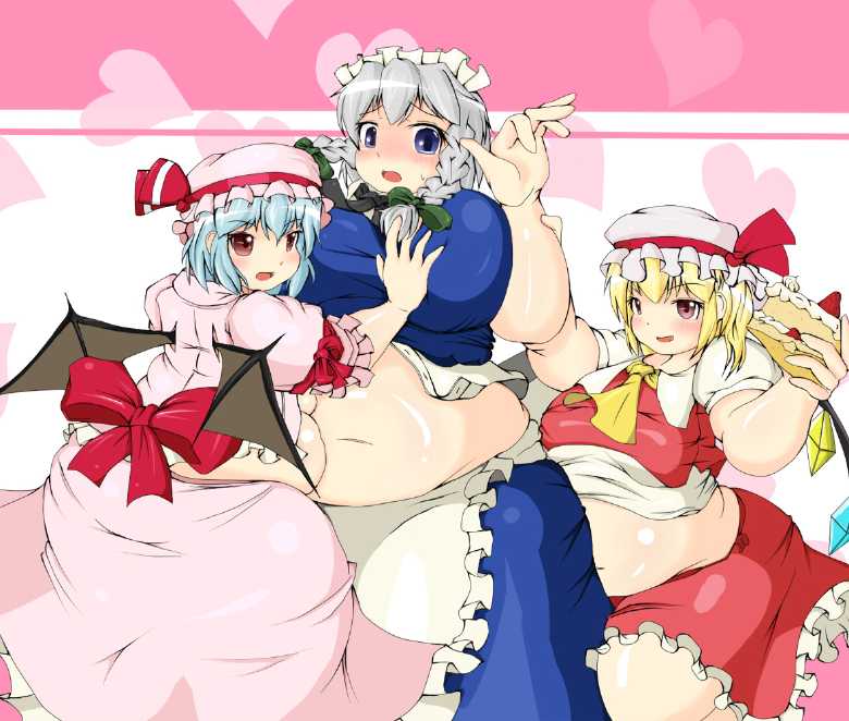 bbw belly_overhang big_belly big_breasts big_butt big_female blush chubby chubby_female embarrassed fat fat_arms fat_ass fat_female fat_fetish fat_girl fat_woman fatty flandre_scarlet large_female nerizou obese obese_female overweight overweight_female plump pork_chop remilia_scarlet sakuya_izayoi thick_thighs touhou weight_gain