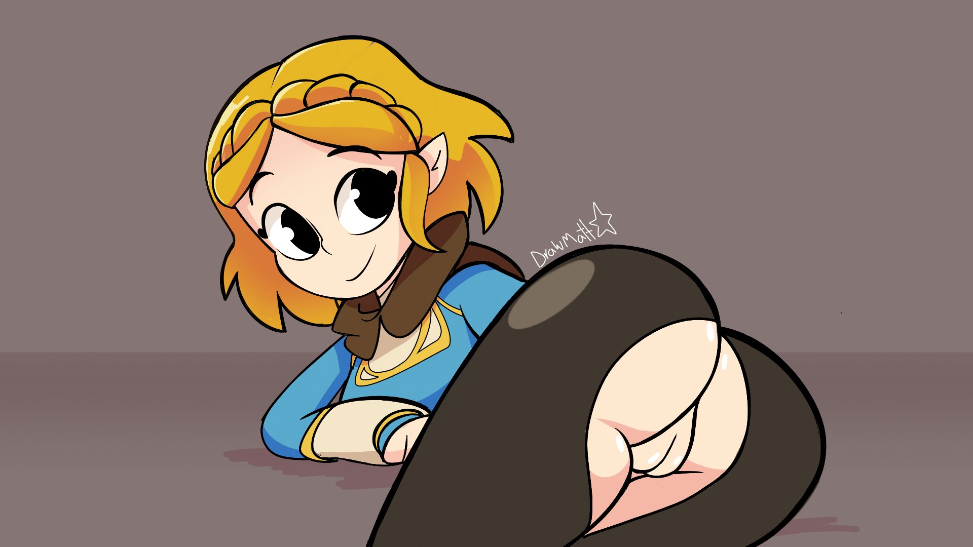 1girls, ass, black eyes, blonde hair, drawmatt, female, female only, looking back, nintendo, princess zelda, pussy, short hair, smile, solo, tagme, tears of the kingdom, the legend of zelda, zelda (tears of the kingdom)