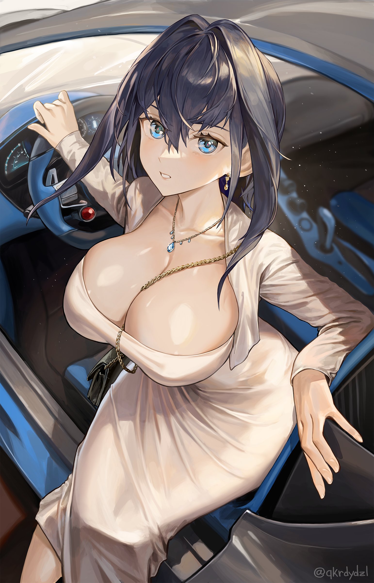 1girls, blue eyes, blue hair, breasts, cleavage, dress, female, hi res, hololive, hololive english, hololive english -council-, hololive english -promise-, huge breasts, light skin, light-skinned female, ouro kronii, qkrgk198 (박준바), short hair, virtual youtuber