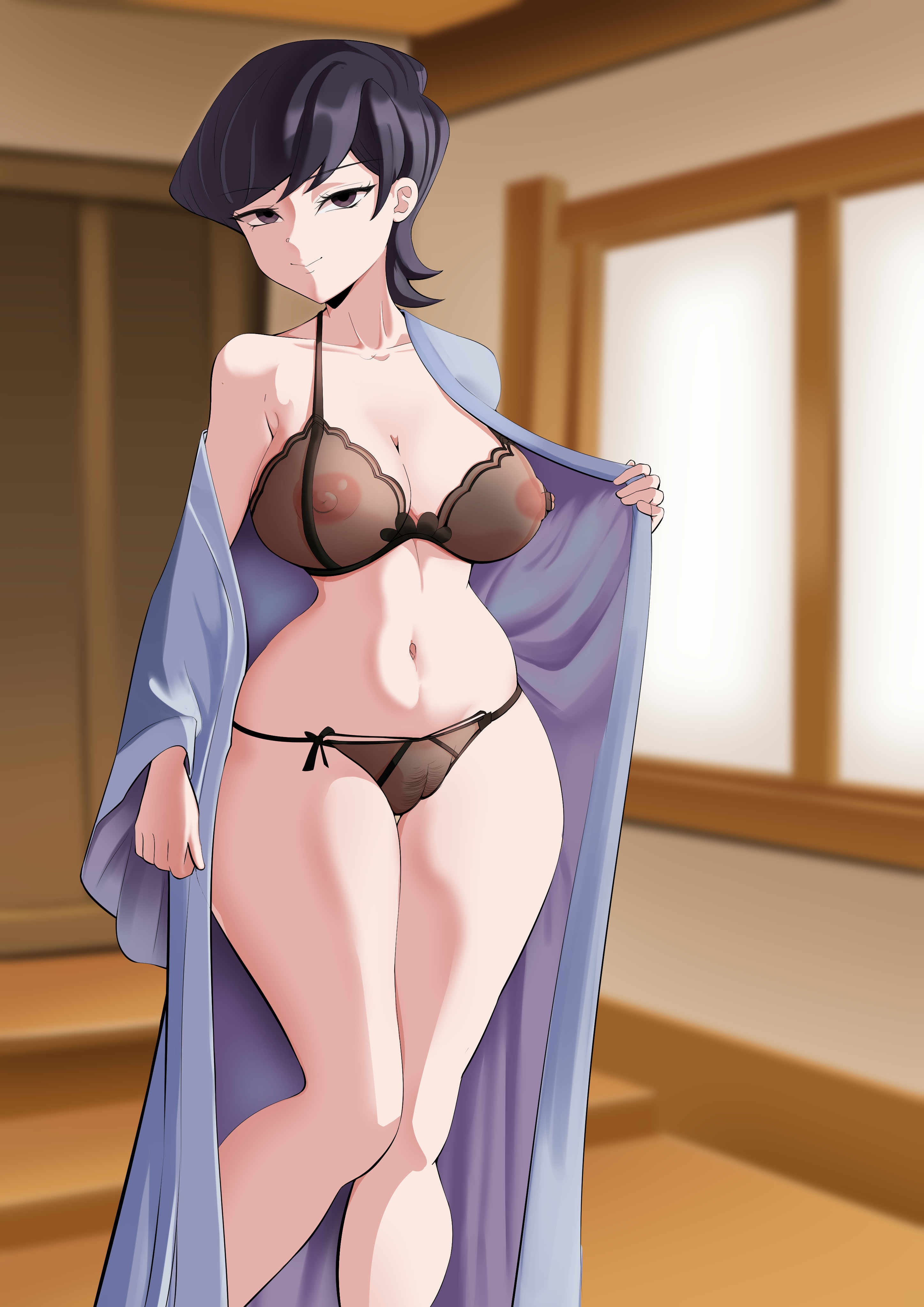 1girls, 2023, bedroom eyes, black bra, black eyes, black hair, black panties, bra, breasts, cameltoe, female, keisar (artist), komi shuuko, komi-san wa komyushou desu, large breasts, lingerie, looking at viewer, milf, navel, nipples, open clothes, open robe, panties, presenting, pussy, robe, see-through, see-through bra, see-through clothing, see-through panties, short hair, slender waist, slim waist, smile, standing, tagme, thick thighs, thighs, thin waist, tiny waist, wide hips