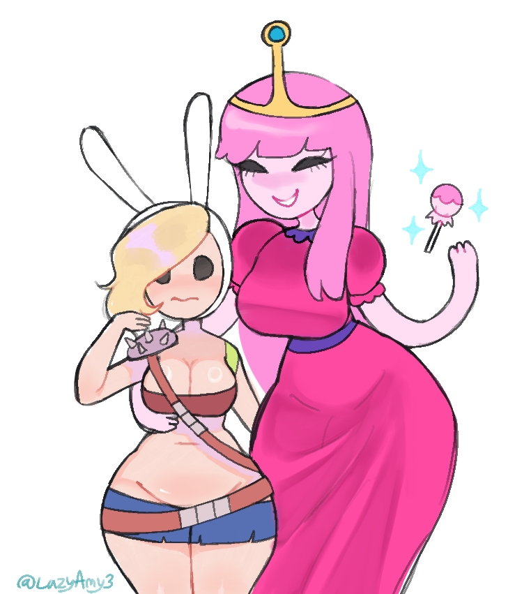 2girls adventure_time adventure_time:_fionna_&_cake backpack bag blonde_hair breasts candy clothing female fionna_and_cake fionna_campbell fionna_the_human_girl human lazyamy lazyamy3 pale_skin pink_hair princess_bubblegum shorts smile taller_girl thick_thighs thighs yuri