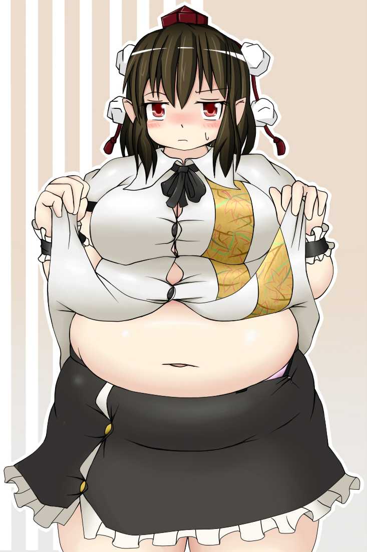 bbw belly_overhang big_belly big_breasts big_female blush chubby chubby_female embarrassed fat fat_ass fat_female fat_fetish fat_girl fat_woman fatty large_female nerizou obese obese_female overweight overweight_female plump pork_chop shameimaru_aya showing_belly showing_off thick_thighs tight_clothing tight_fit touhou weight_gain