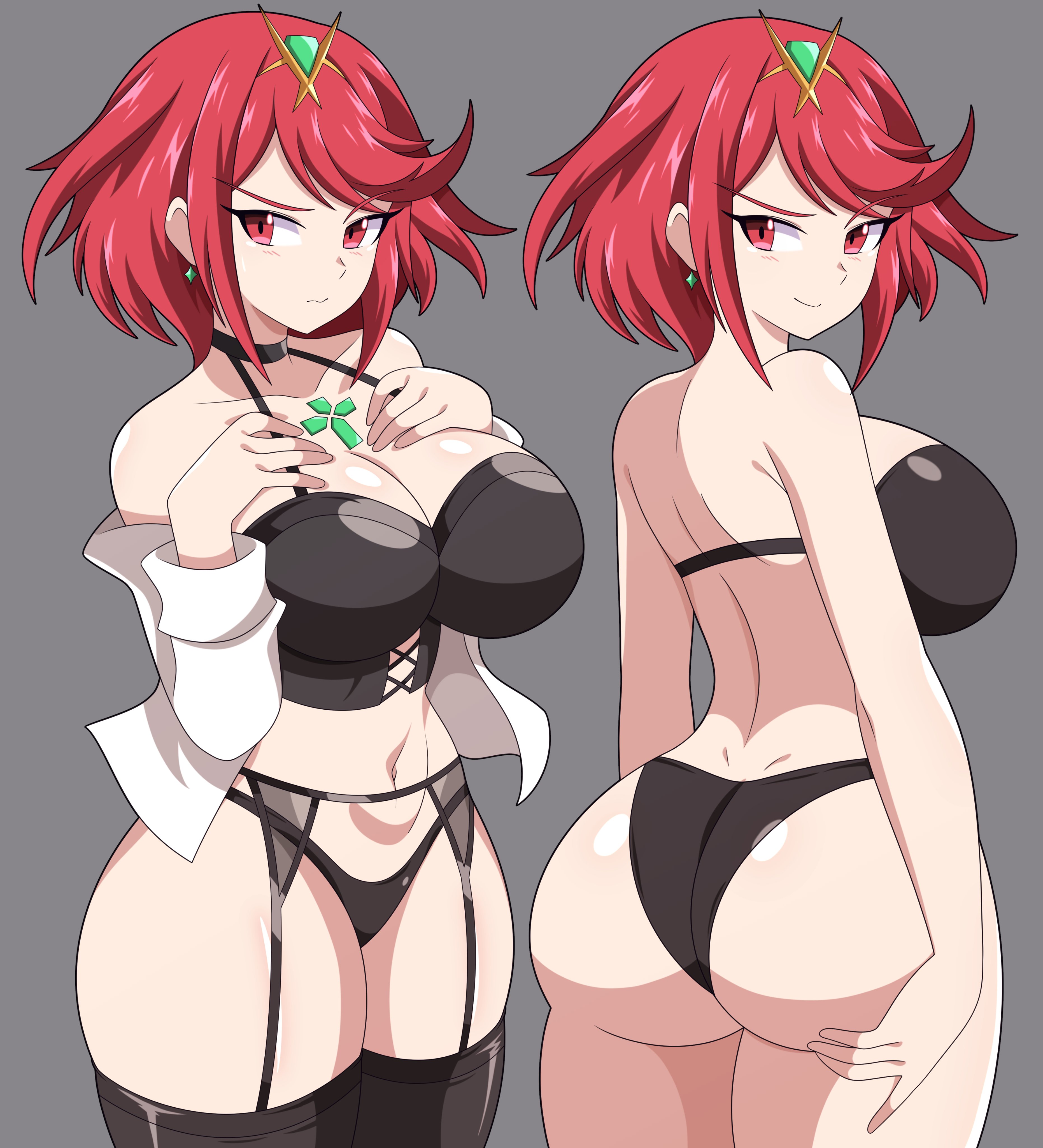 1girls, abysswatchers, ass, big ass, big breasts, big butt, bikini, breasts, bubble ass, bubble butt, cleavage, commission, core crystal, embarrassed, fat ass, female, front and back, hi res, hips, huge ass, huge breasts, huge butt, large breasts, light skin, light-skinned female, naughty face, nintendo, panties, pyra, red eyes, red hair, short hair, short red hair, skindentation, smile, thick thighs, thighhighs, thighs, wide hips, xenoblade (series), xenoblade chronicles 2