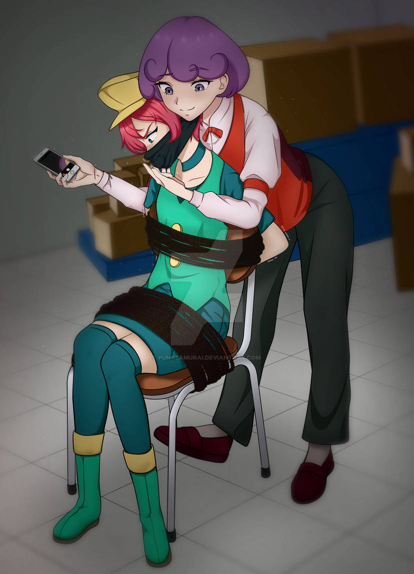 2girls angry_face black_pants boots burgundy_(pokemon) chair_bondage femdom femsub garage georgia_(pokemon) green_eyes green_vest hand_on_chin hat nintendo otn_gag phone pink_hair pokemon pokemon_bw punksamurai purple_eyes purple_hair short_hair thighhighs watermark yellow_headwear