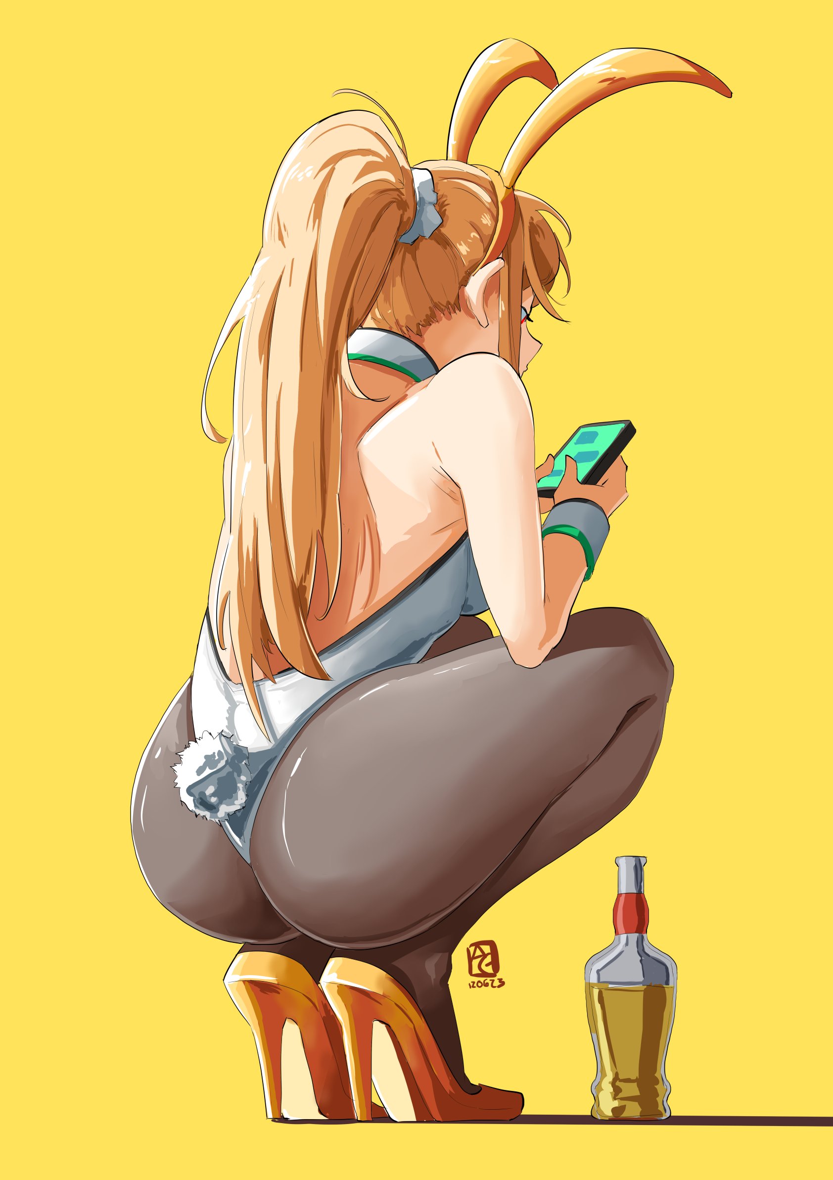 1girls, absurd res, ass, ass focus, automatic giraffe, blonde female, blonde hair, blonde-haired female, bottle, bubble ass, bubble butt, bunny costume, bunny ears, bunny girl, bunnysuit, fat ass, female, female focus, female only, green eyes, high heels, highres, large ass, looking away, looking away from viewer, mythra, mythra (xenoblade), phone, simple background, solo, solo female, tail, thick thighs, thighhighs, thighs, tight clothing, tight fit, white skin, xenoblade (series), xenoblade chronicles 2, yellow background