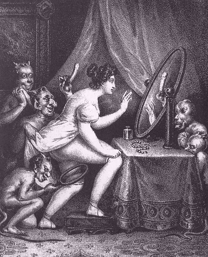 achille_deveria antique demon fine_art greyscale mirror monochrome straight_hair