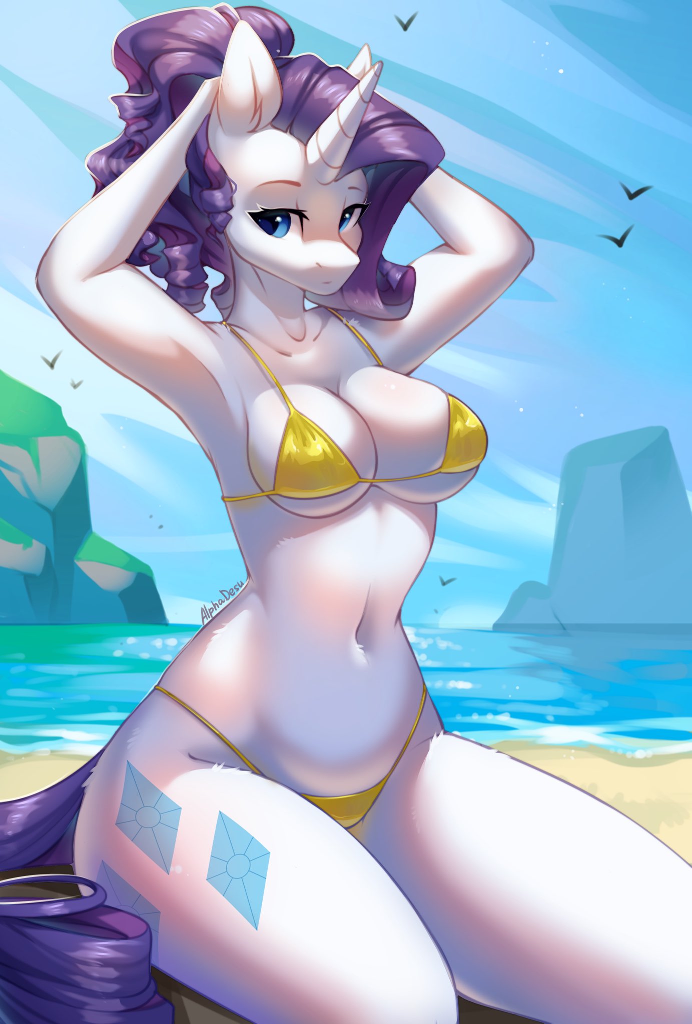 alphadesu anthro beach bikini blue_eyes breasts clothing cutie_mark equid equine female friendship_is_magic fur hair hasbro horn mammal my_little_pony navel outside ponytail purple_hair purple_tail rarity_(mlp) sitting swimwear tail unicorn water white_body white_fur