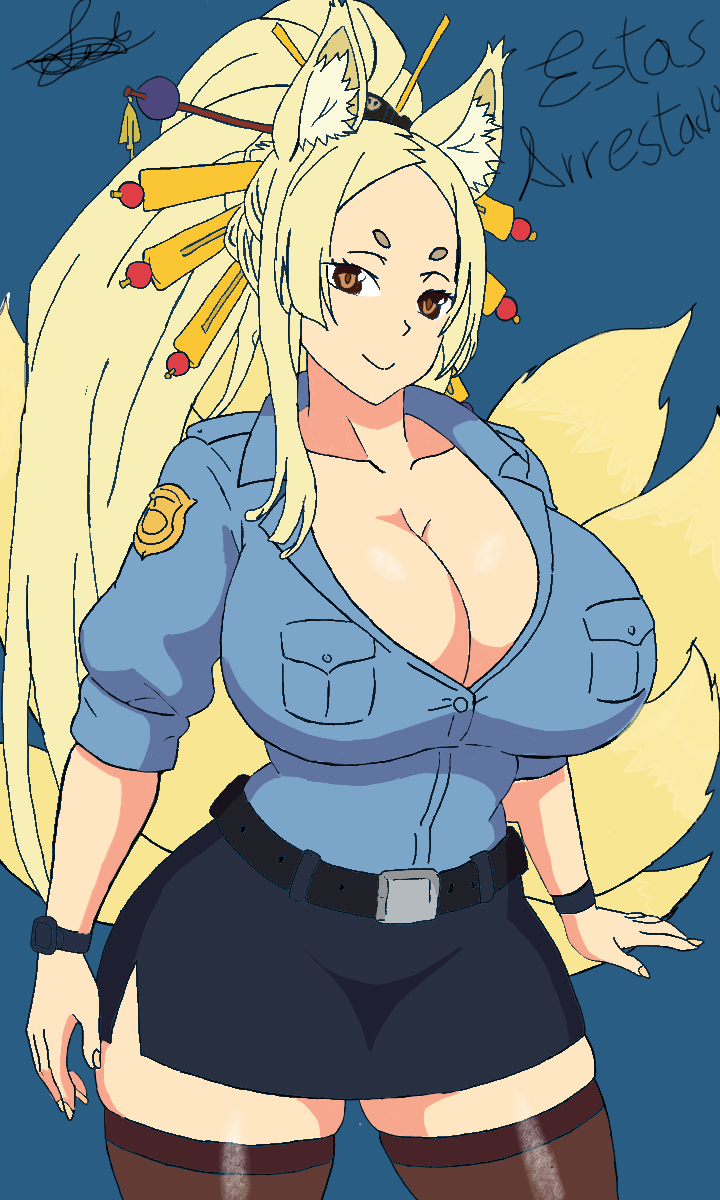 curvy_figure high_school_dxd kitsune police_uniform policewoman voluptuous_female yasaka_(high_school_dxd) yokai