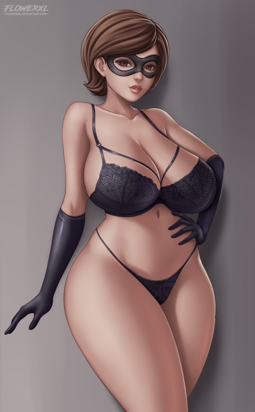 1girls, 2023, areolae, artist logo, big breasts, black bra, black gloves, black lingerie, black panties, bra, breasts, brown hair, disney, domino mask, elastigirl, elbow gloves, female, female focus, female only, flowerxl, g-string, gloves, hand on hip, helen parr, high res, high resolution, highres, huge breasts, huge thighs, large breasts, latex boots, light skin, light-skinned female, lingerie, lipstick, married female, mask, masked, masked female, mature, mature female, milf, navel, pale skin, pale-skinned female, pixar, seductive look, seductive smile, short hair, solo, solo female, solo focus, straight hair, the incredibles, thick, thick body, thick thighs, underwear, wide hips