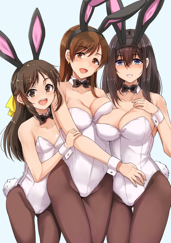 3girls animal_ears black_bow black_bowtie black_hair black_pantyhose blue_eyes bow bowtie breast_press breasts brown_eyes brown_hair cowboy_shot detached_collar hair_ribbon idolmaster idolmaster_cinderella_girls large_breasts leotard multiple_girls nitta_minami pantyhose parted_lips playboy_bunny rabbit_ears rabbit_tail ribbon sagisawa_fumika shiroyukimajima sidelocks simple_background small_breasts smile strapless strapless_leotard tachibana_arisu tail thigh_gap white_background white_leotard wrist_cuffs