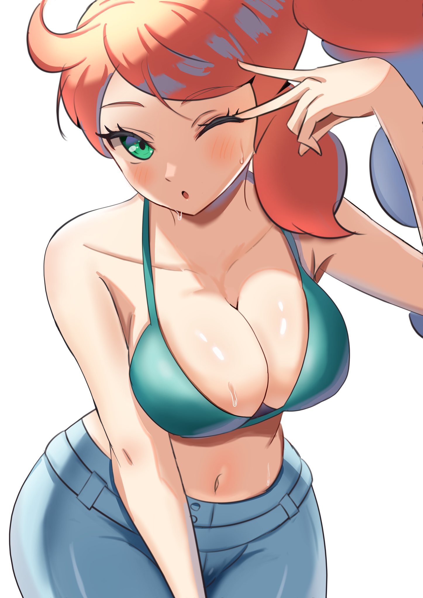 1girls, amrbatafri, bra, breasts, cleavage, female, female only, human, human only, jeans, looking at viewer, navel, nintendo, one eye closed, orange hair, pants, pokemon, pokemon ss, solo, sonia (pokemon), v, white skin