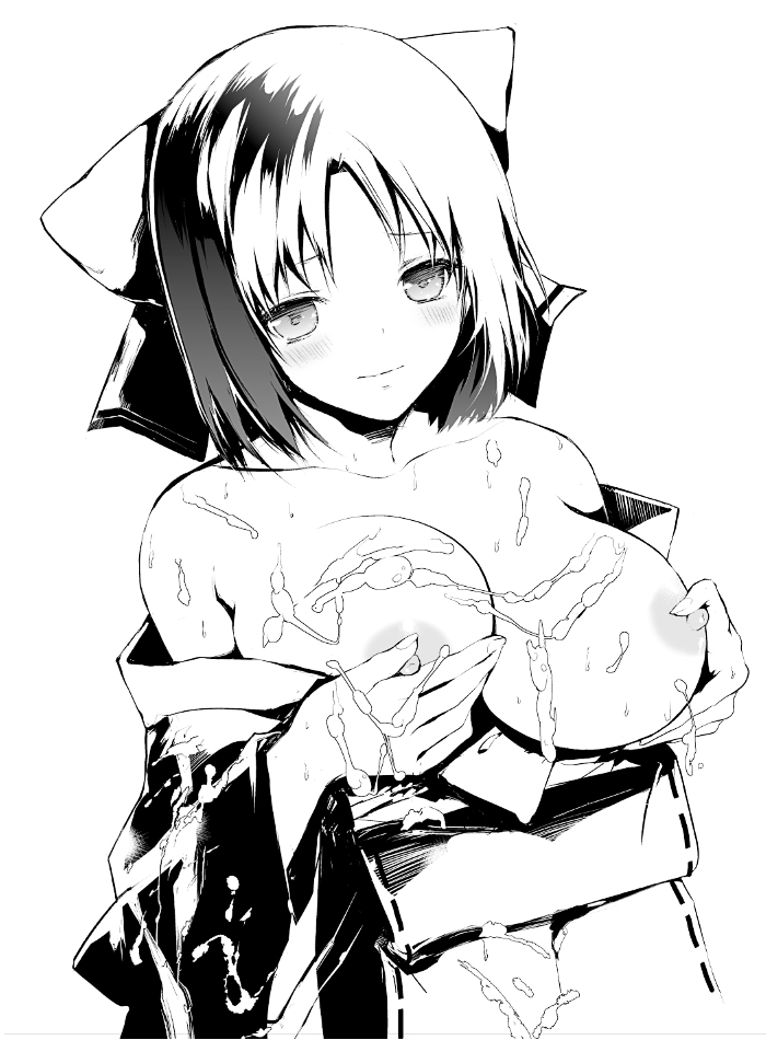 breasts cum cum_on_body cum_on_breasts cum_on_upper_body excessive_cum huge_breasts koshika_rina looking_at_viewer monochrome nipples senran_kagura senran_kagura_shinovi_versus yumi_(senran_kagura)