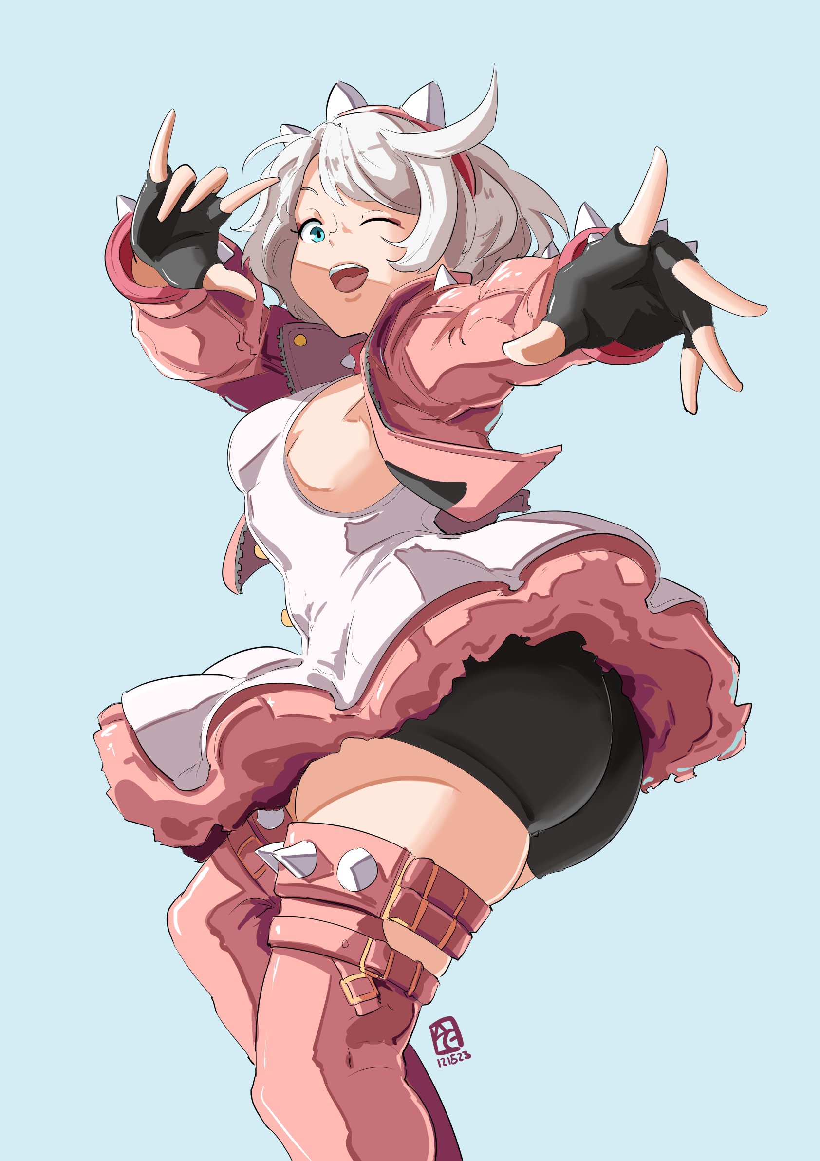 1girls, ass, ass crack, ass focus, automatic giraffe, blue eyes, breasts, butt crack, elphelt valentine, fat ass, female, female focus, female only, guilty gear, guilty gear strive, looking at viewer, looking back, open mouth, panties, sideboob, simple background, thick thighs, thigh highs, thighhigh, thighs, tight clothing, tight fit, video games, white hair, wink, winking at viewer