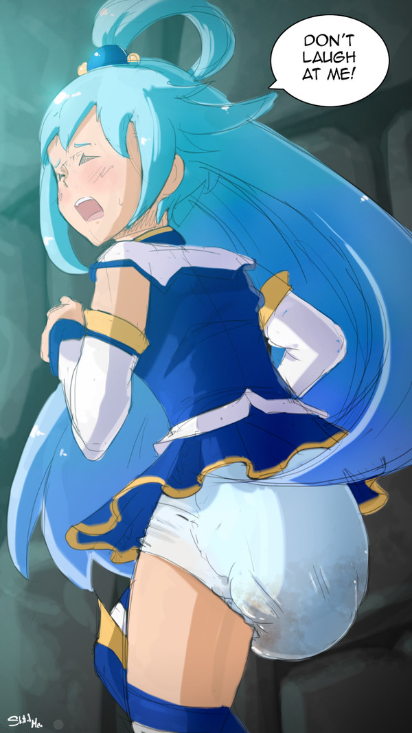 1girls aqua_(konosuba) diaper embarrassed english_text female female_only kono_subarashii_sekai_ni_shukufuku_wo! sketchmandl solo speech_bubble tagme text